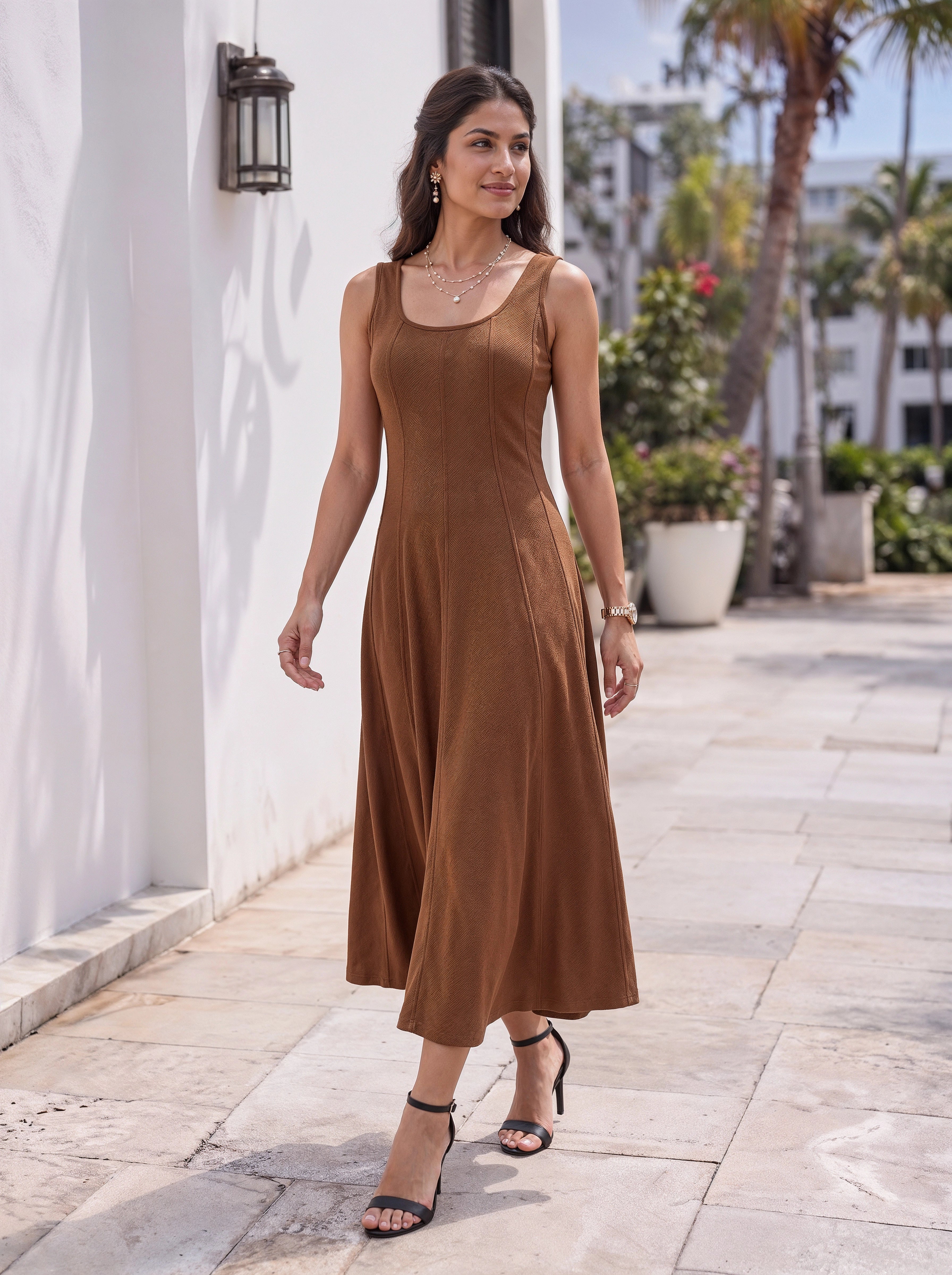 Mocha Brown Sleeveless Fit & Flare Midi Dress