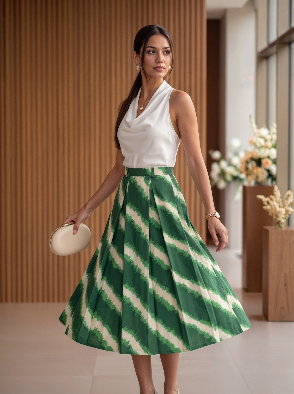 Green Printed Pleated A-Line Midi Skirt