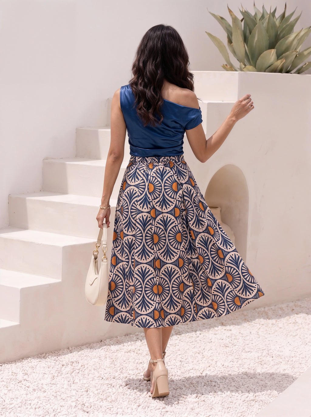 Blue Geometric Printed Pleated Midi Skirt