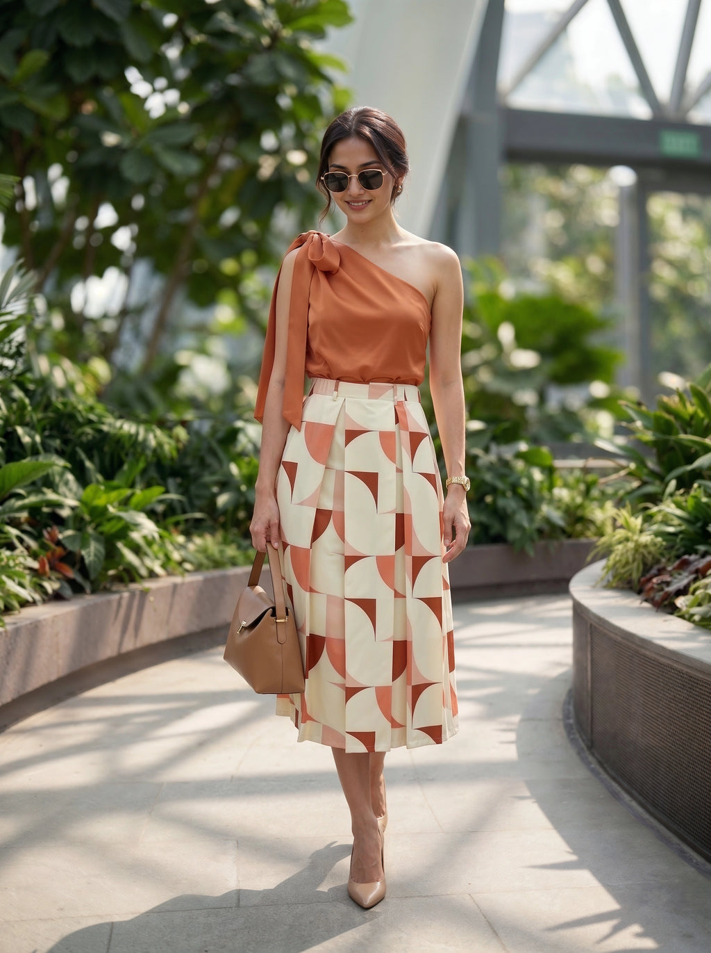 Peach Geometric Printed Pleated Midi Skirt