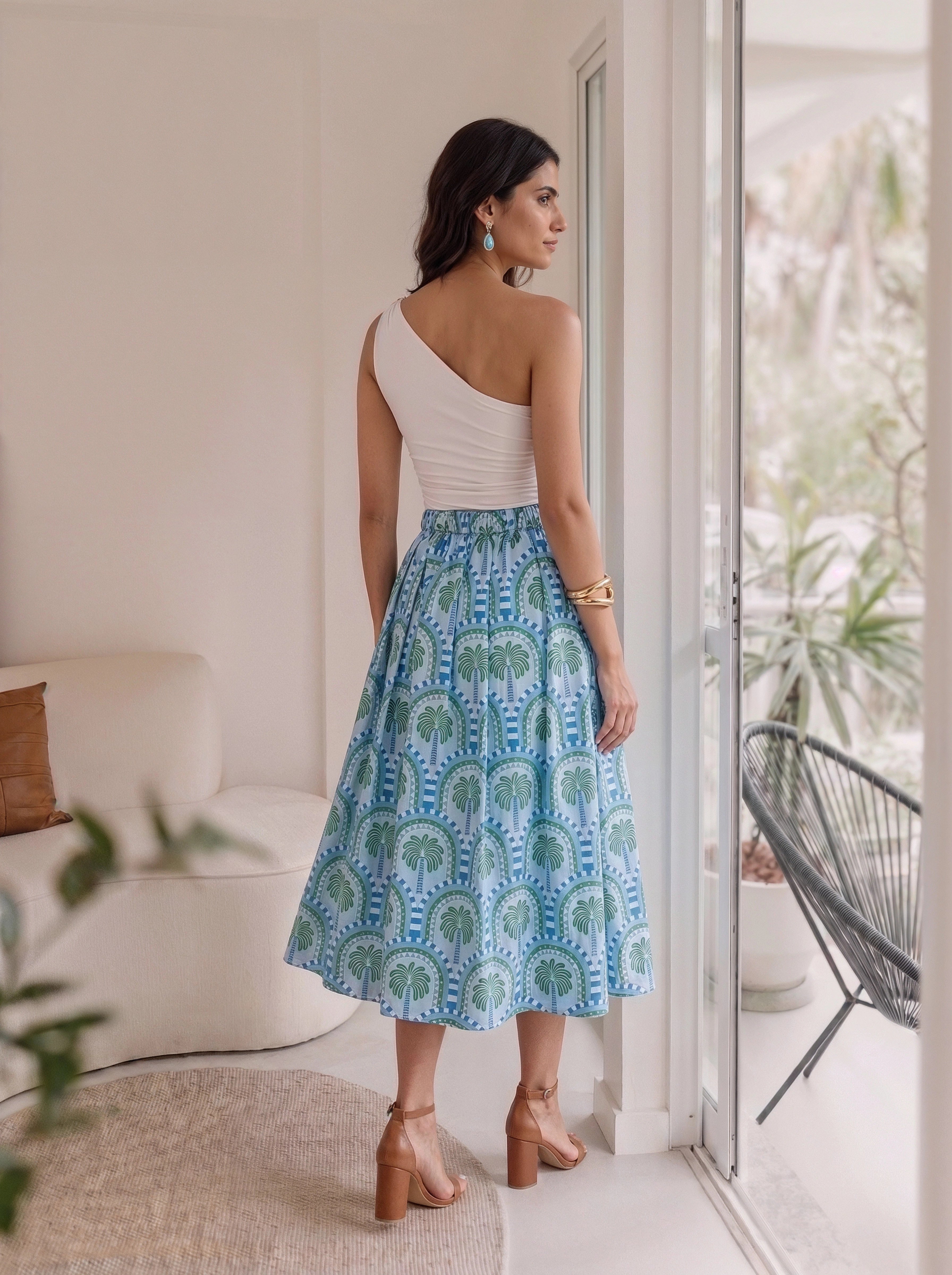 Blue Tropical Printed Pleated Midi Skirt