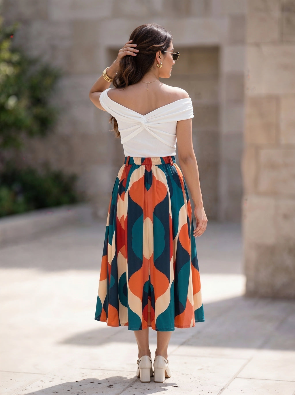 Multicolour Geometric Printed Pleated Midi Skirt