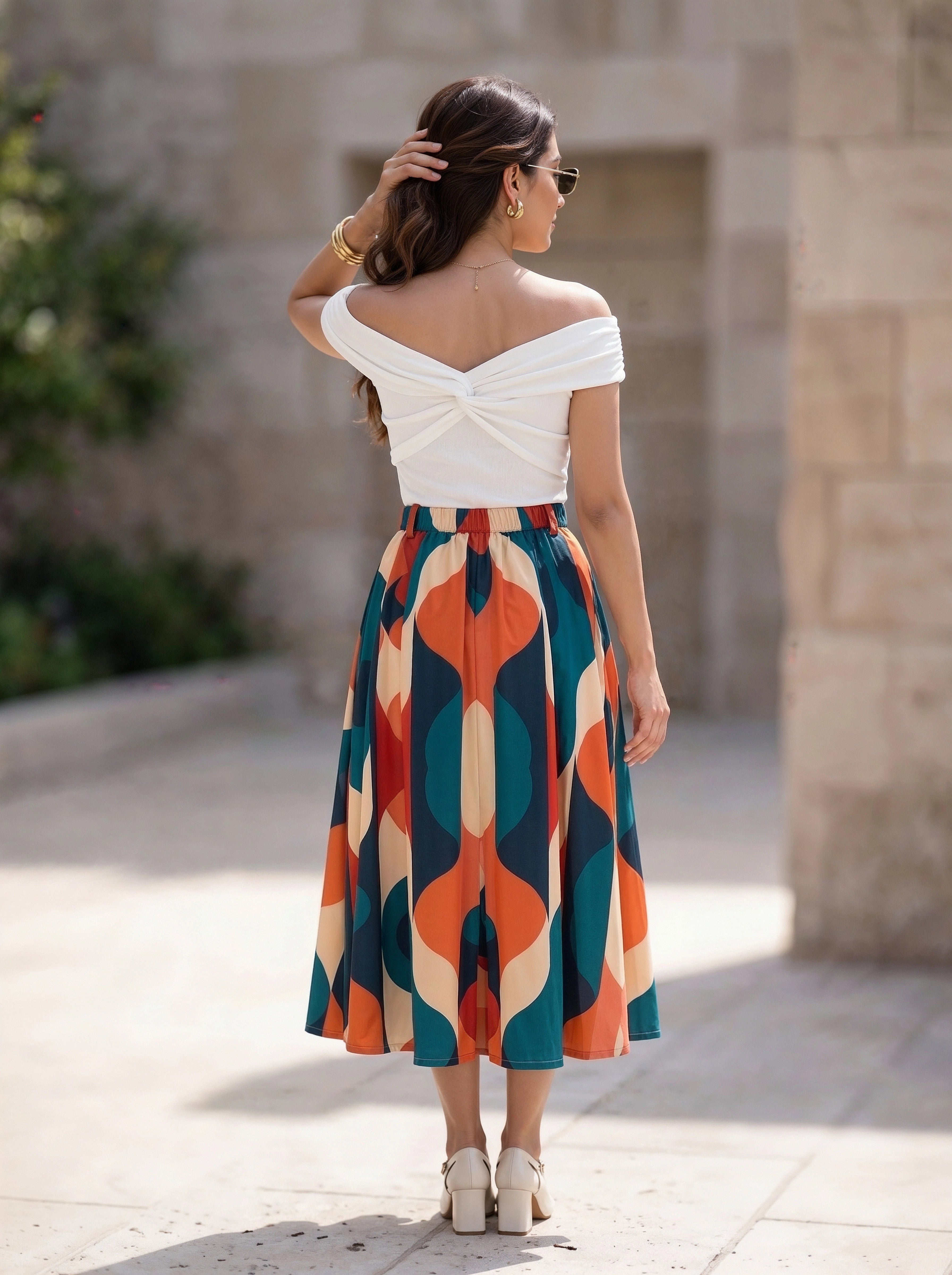 Multicolour Geometric Printed Pleated Midi Skirt