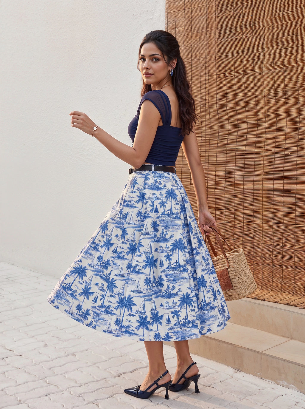Blue Tropical Scenic Printed Pleated Midi Skirt