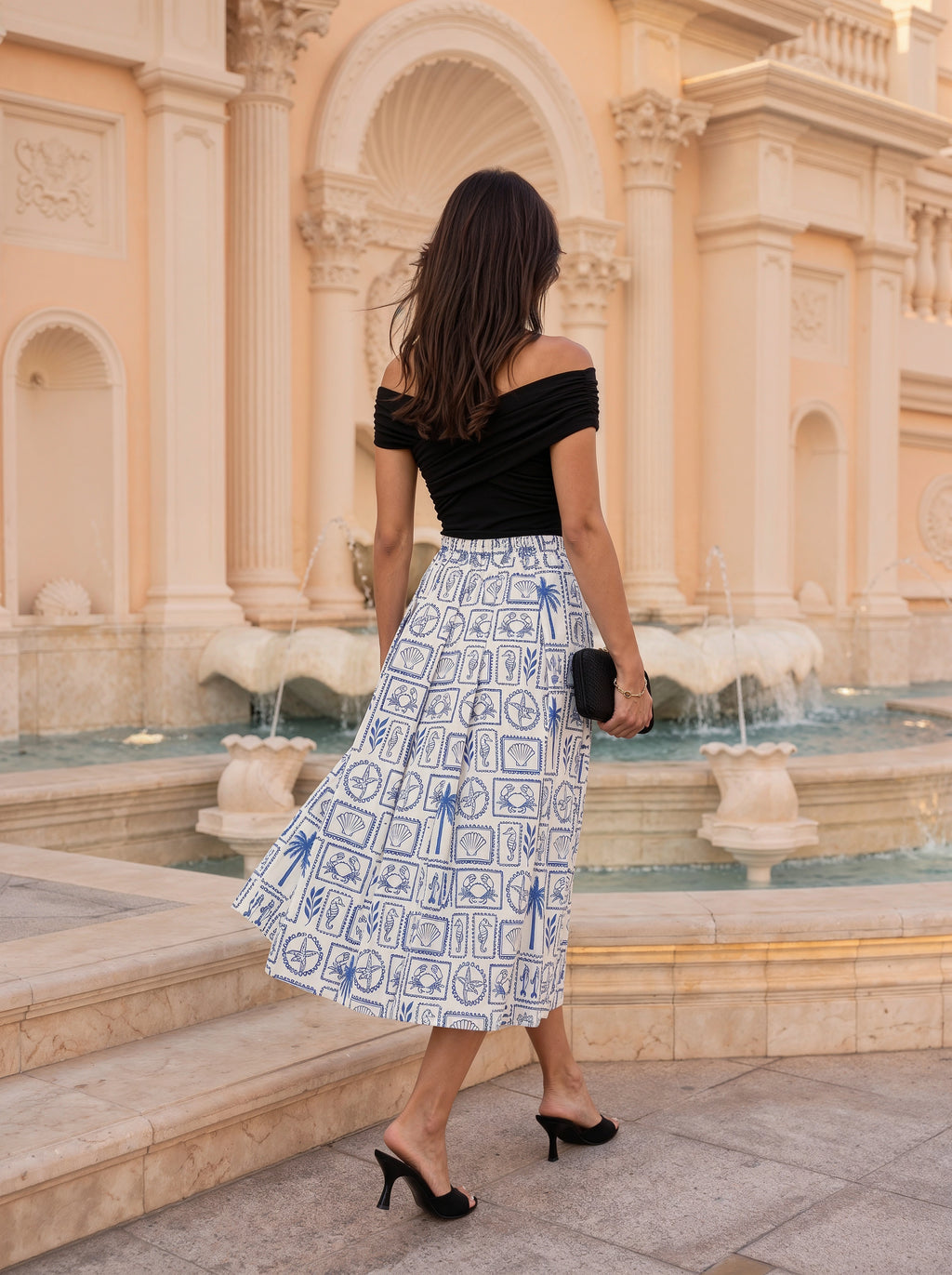 Blue Coastal Printed Pleated Midi Skirt