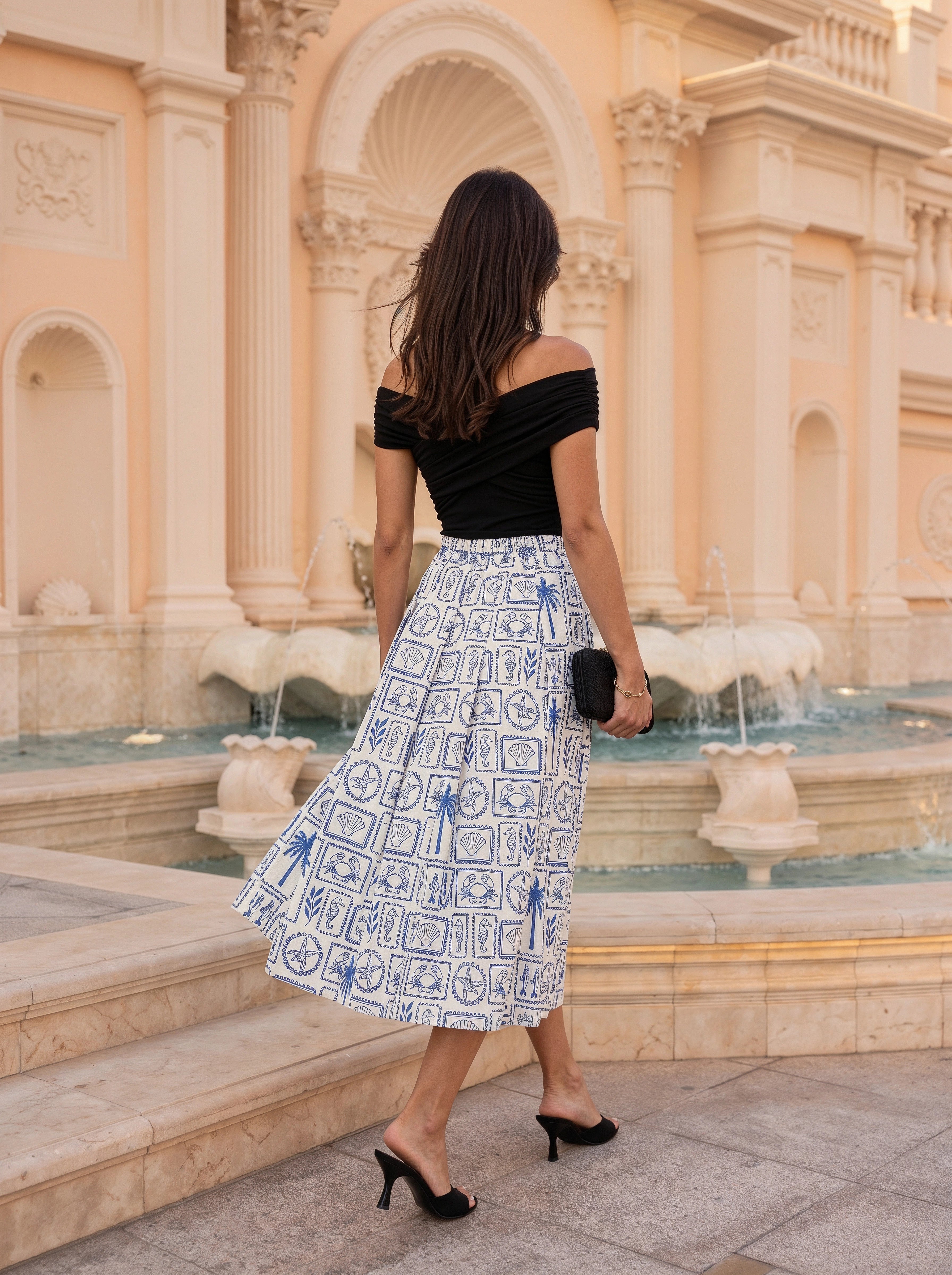 Blue Coastal Printed Pleated Midi Skirt