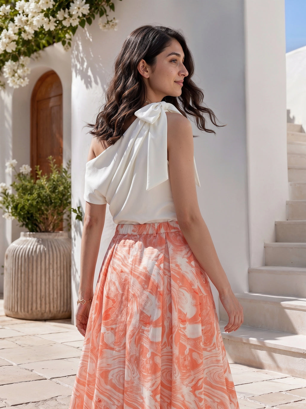 Coral Marble Printed Pleated Midi Skirt