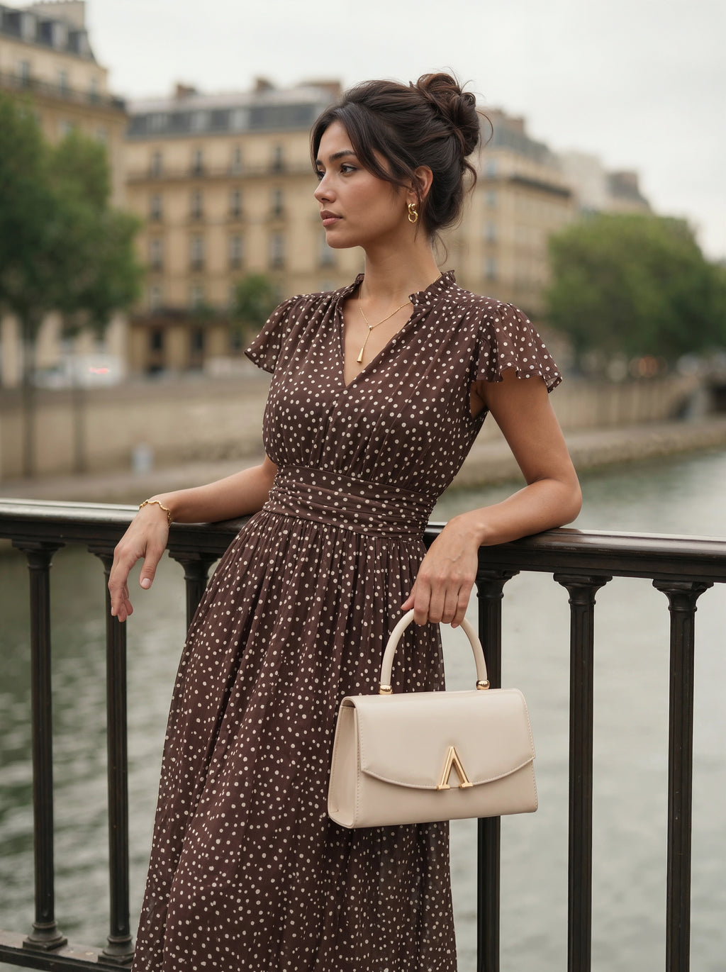 Brown Polka Dot Flutter Sleeve Maxi Dress