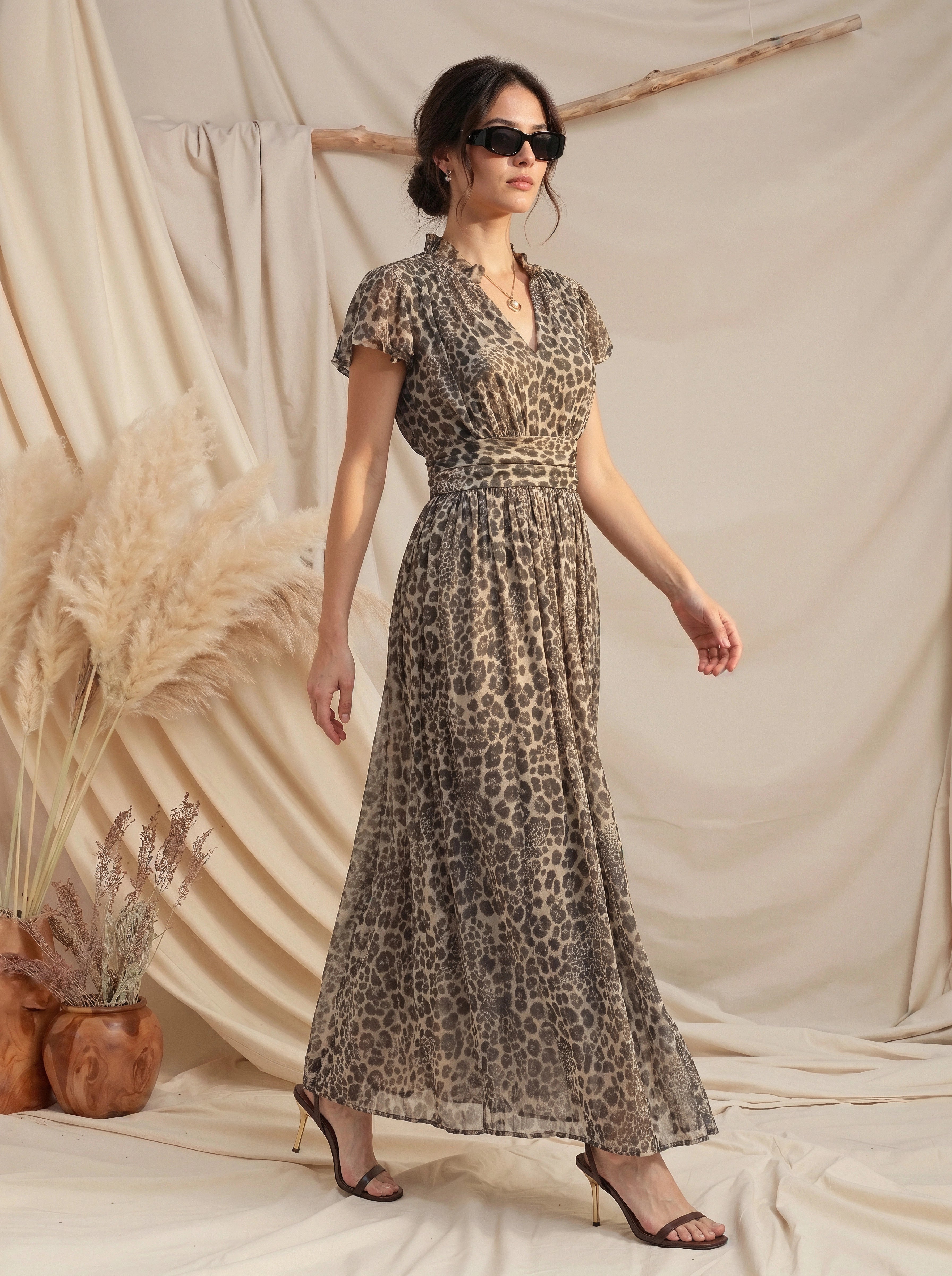 Leopard Print Flutter Sleeve Maxi Dress