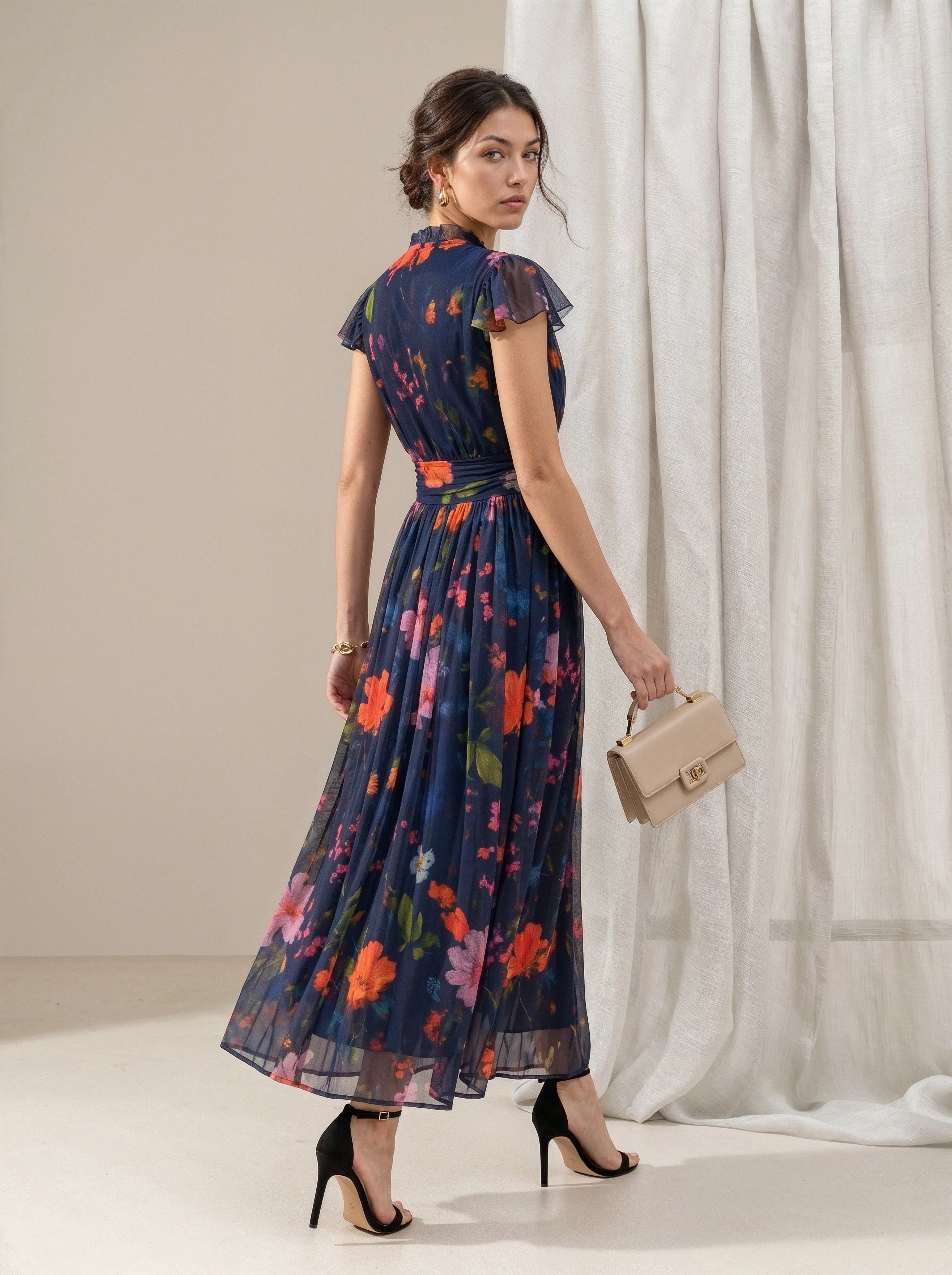 Navy Floral Print Flutter Sleeve Midi Dress
