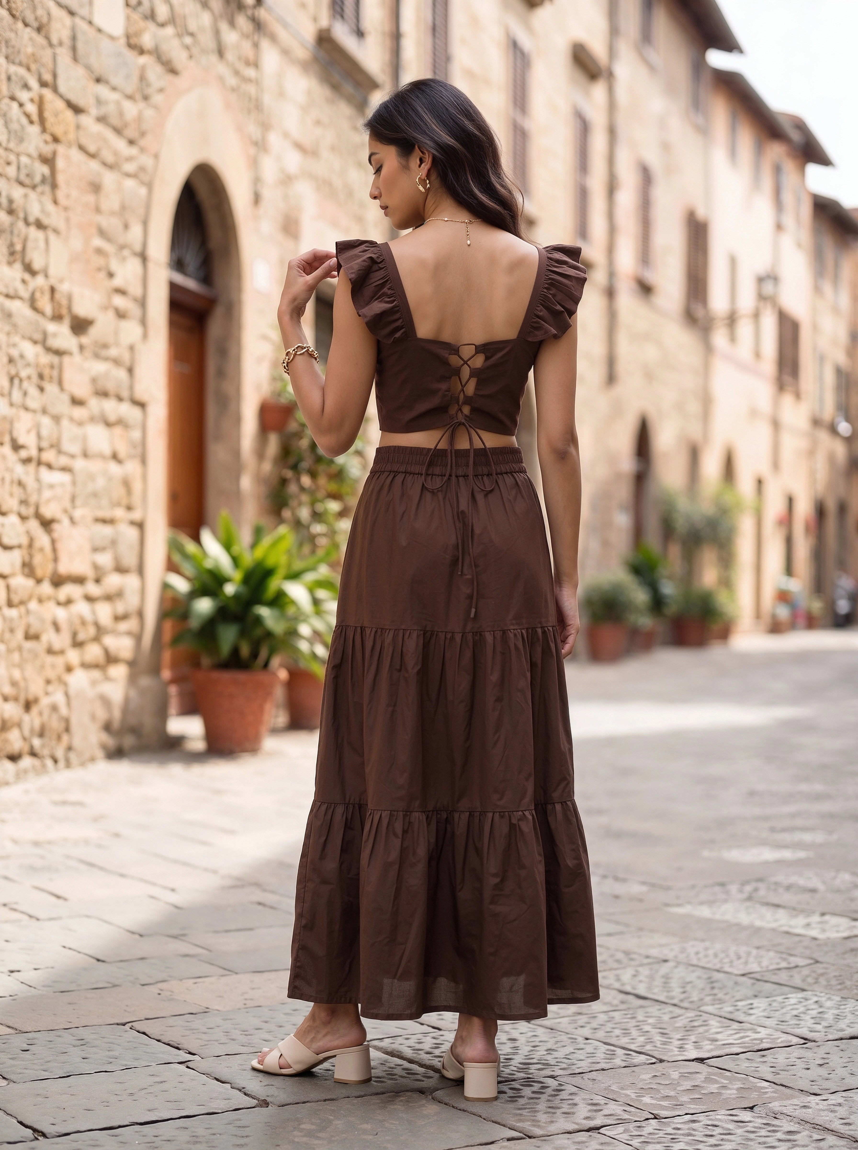 Mocha Ruffle Strap Crop Top & Tiered Skirt Co-Ord Set