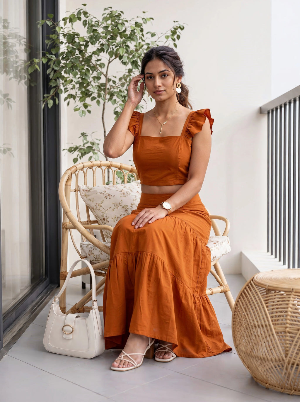 Rust Orange Ruffle Sleeve Crop Top & Tiered Skirt Co-Ord Set