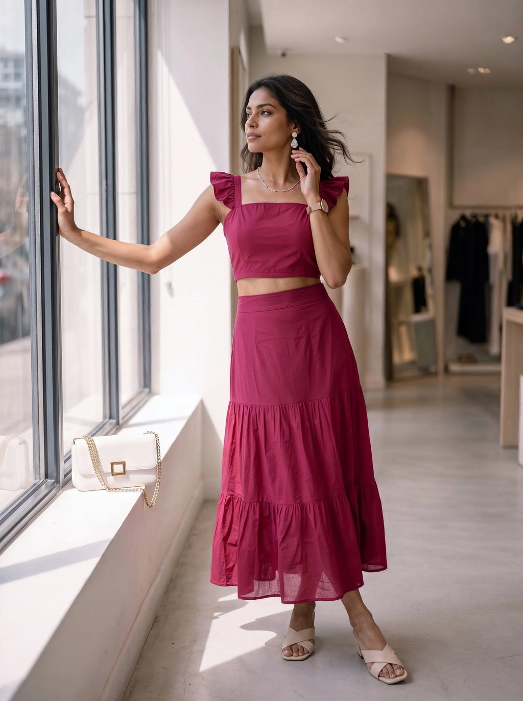 Berry Pink Ruffle Sleeve Crop Top & Tiered Skirt Co-Ord Set