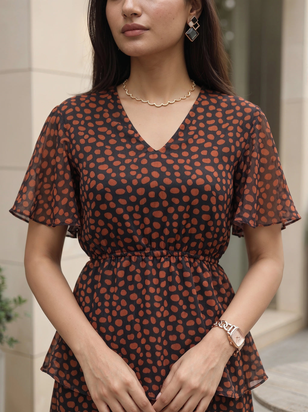 Brown Printed Peplum Top & Maxi Skirt Co-Ord Set