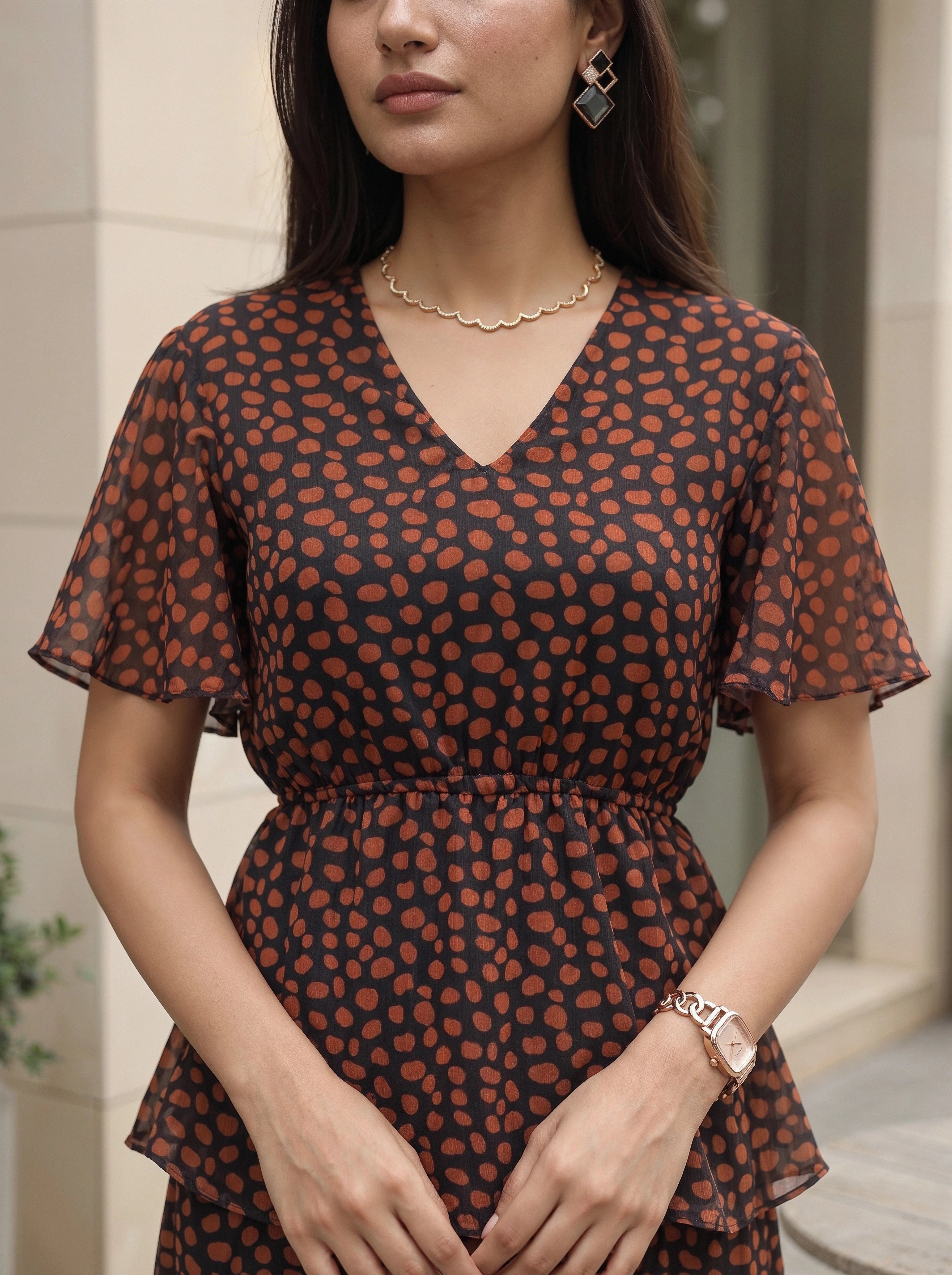 Brown Printed Peplum Top & Maxi Skirt Co-Ord Set