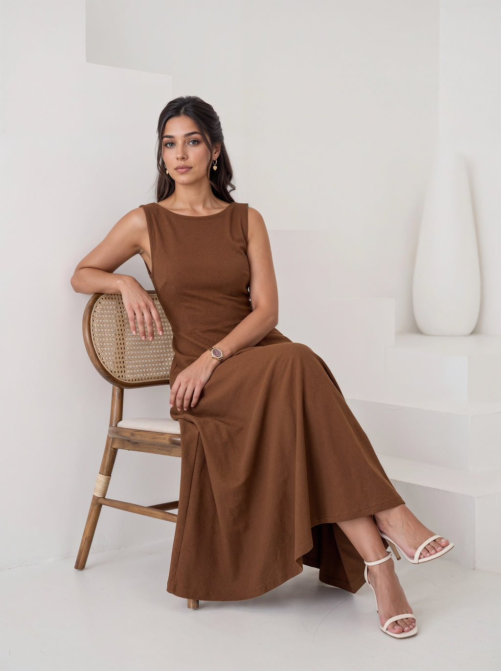 Mocha Elegance Sleeveless Flared Maxi Dress