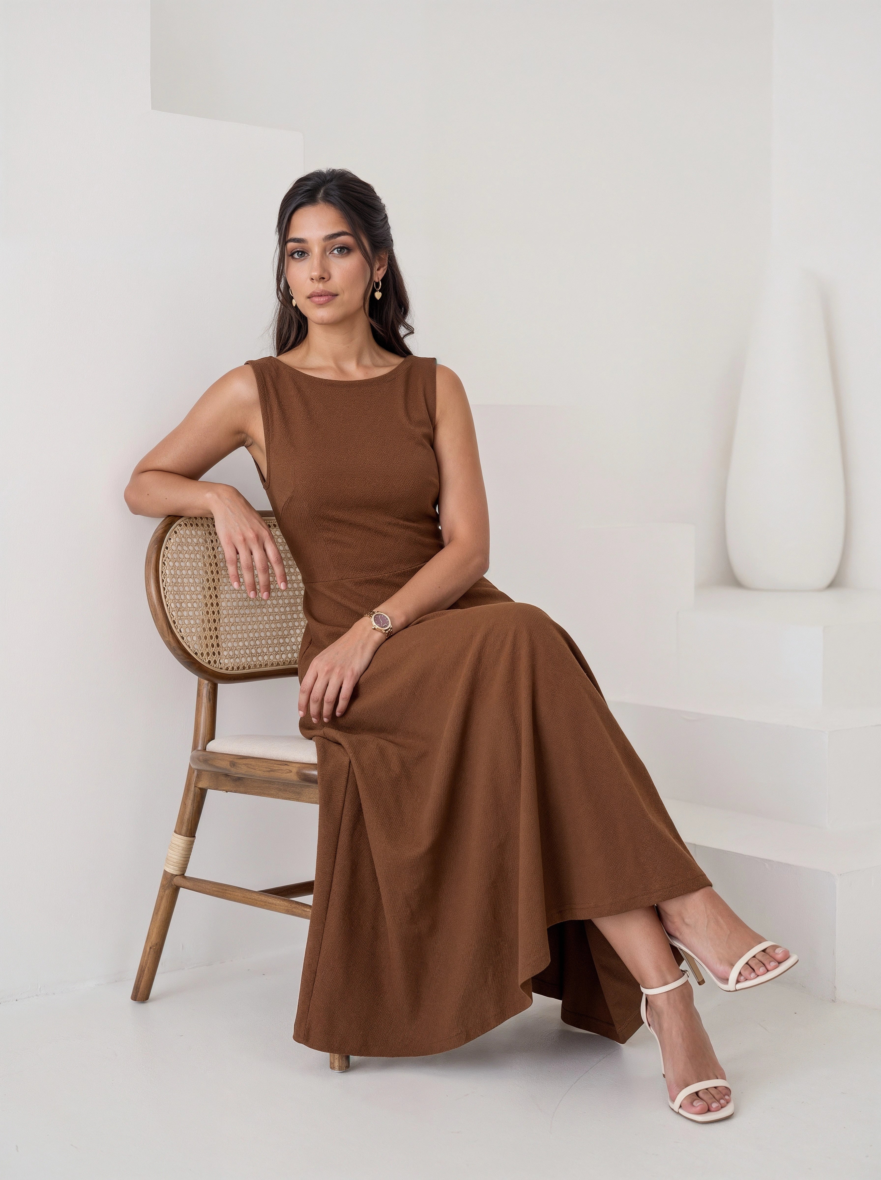 Mocha Elegance Sleeveless Flared Maxi Dress