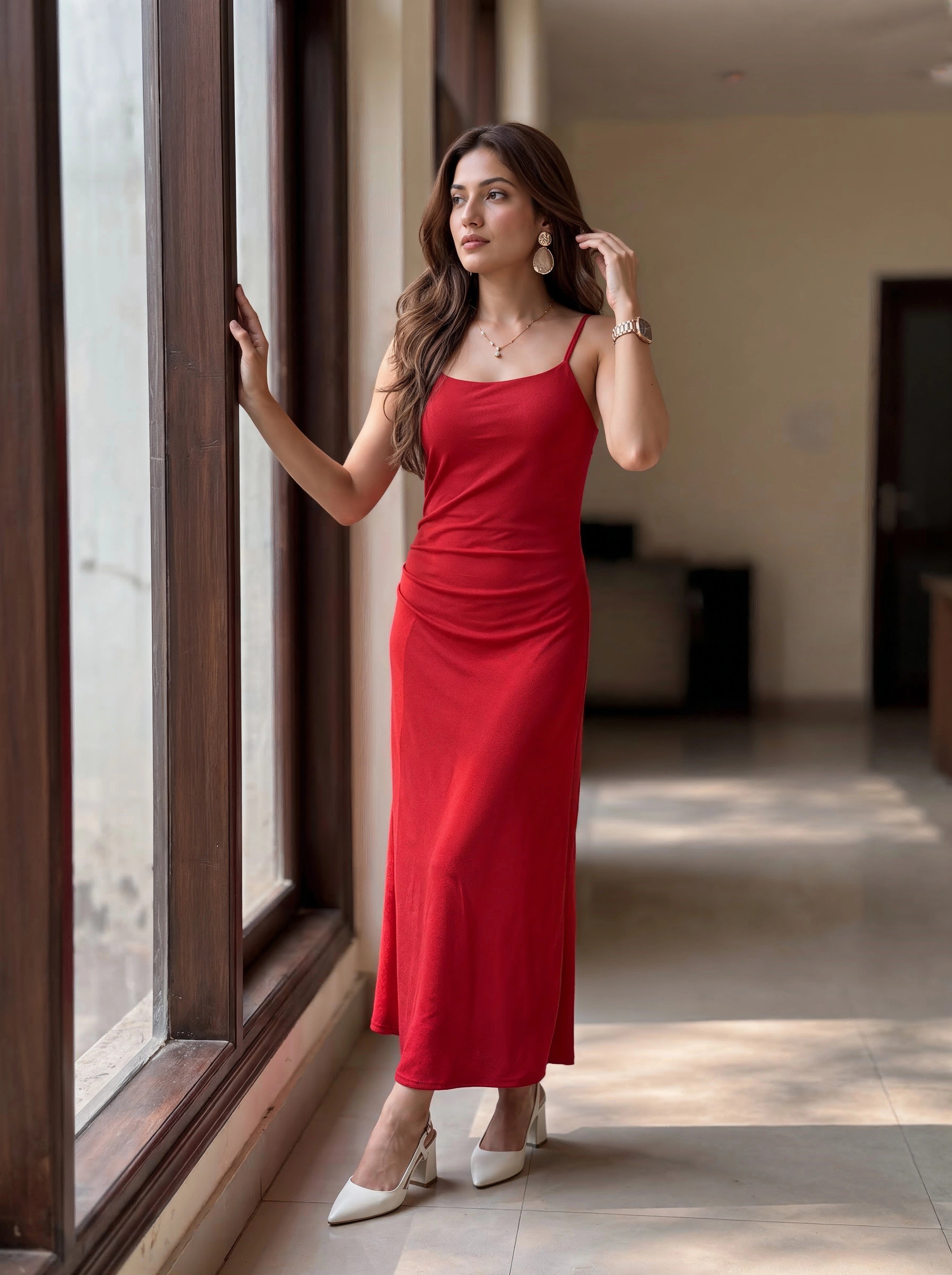 Red Strappy Ruched Maxi Dress