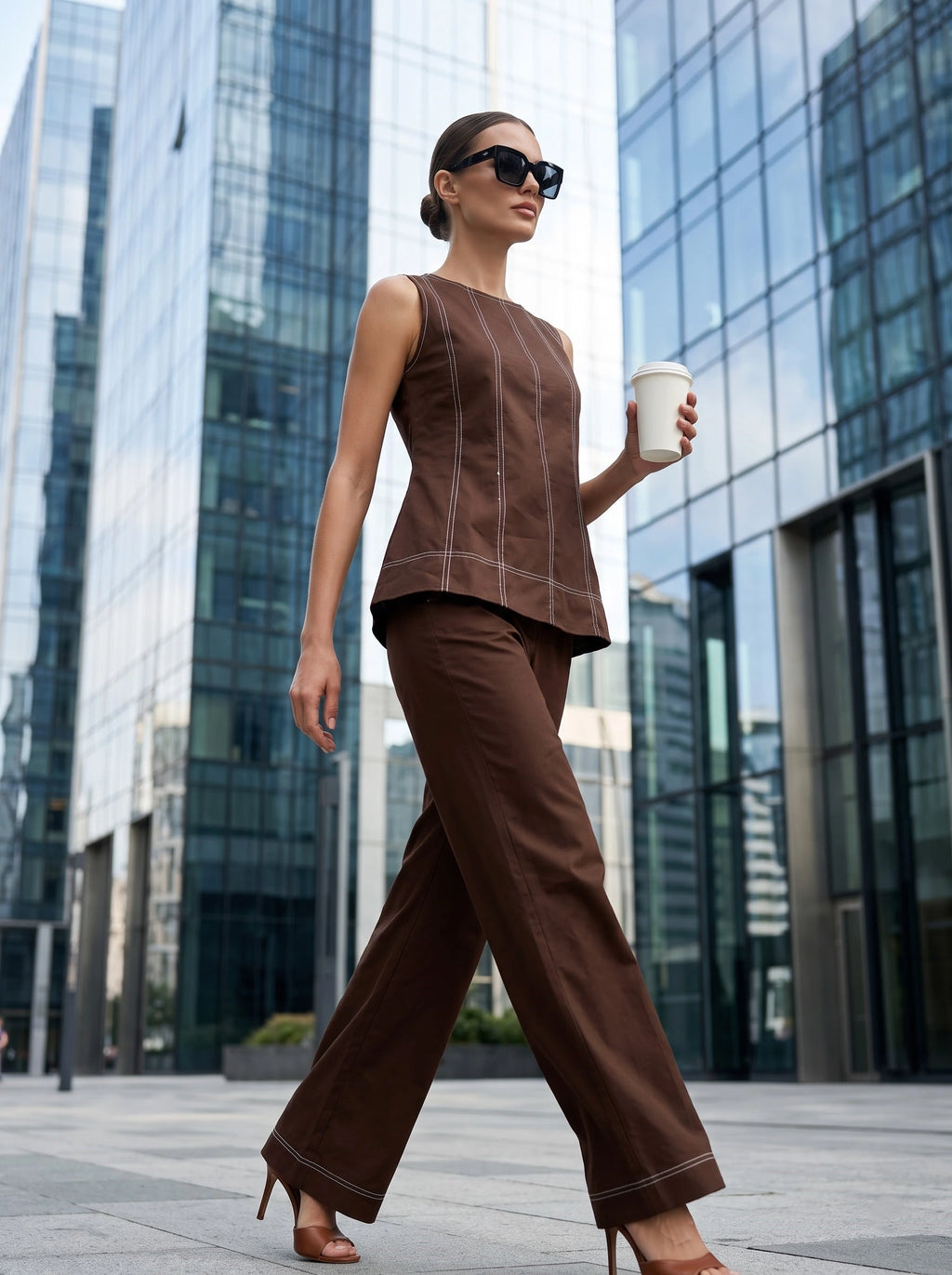 Brown Contrast Stitch Co-Ord Set