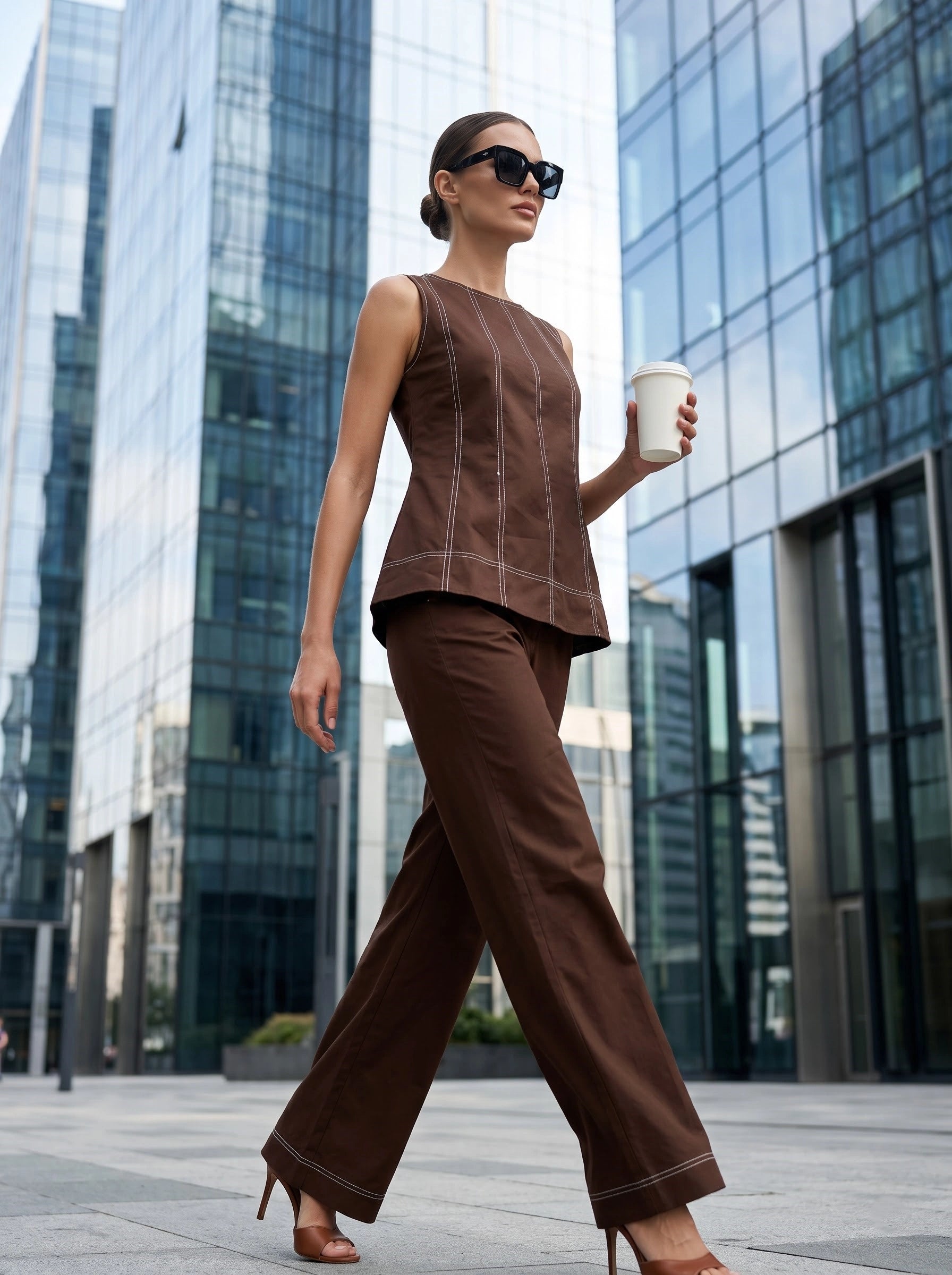 Brown Contrast Stitch Co-Ord Set