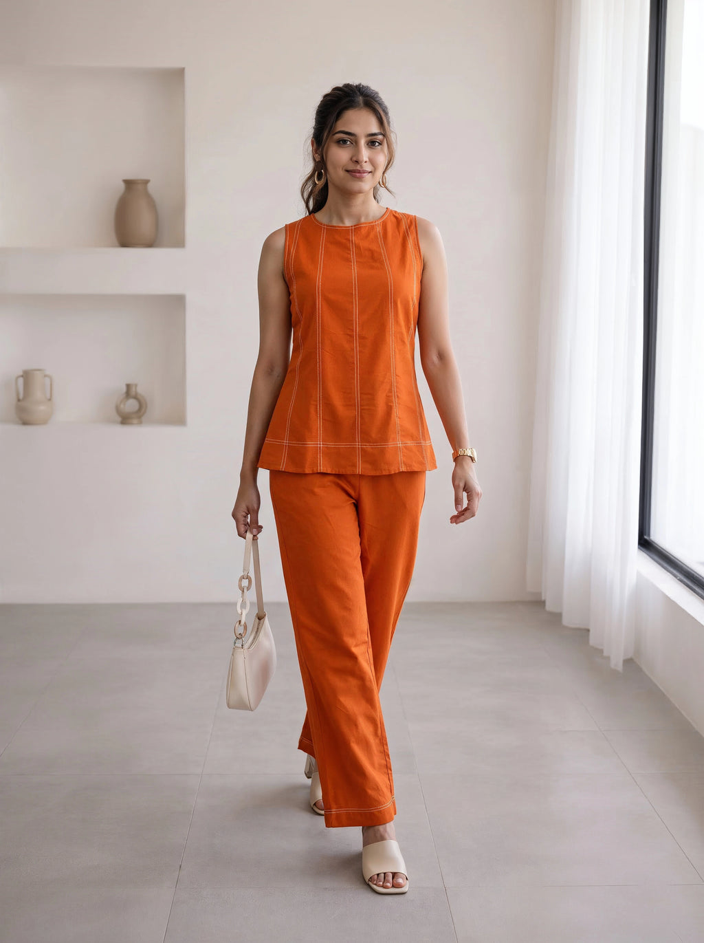 Orange Contrast Stitch Co-Ord Set