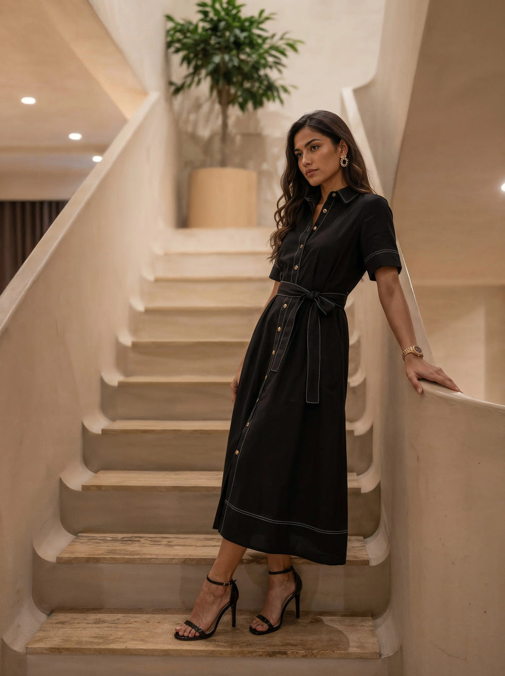 Black Shirt Dress with Contrast Stitching & Waist Tie