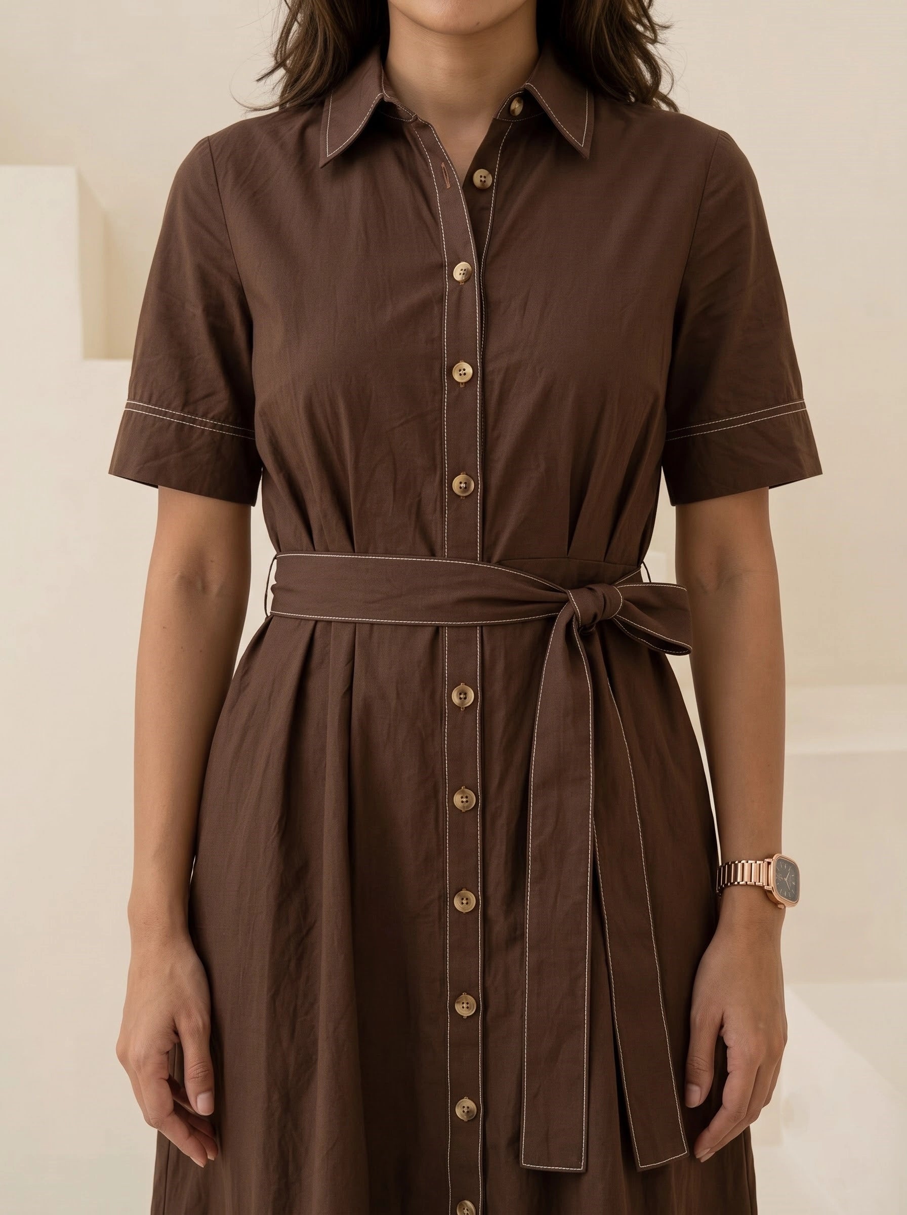 Chocolate Brown Belted Shirt Dress