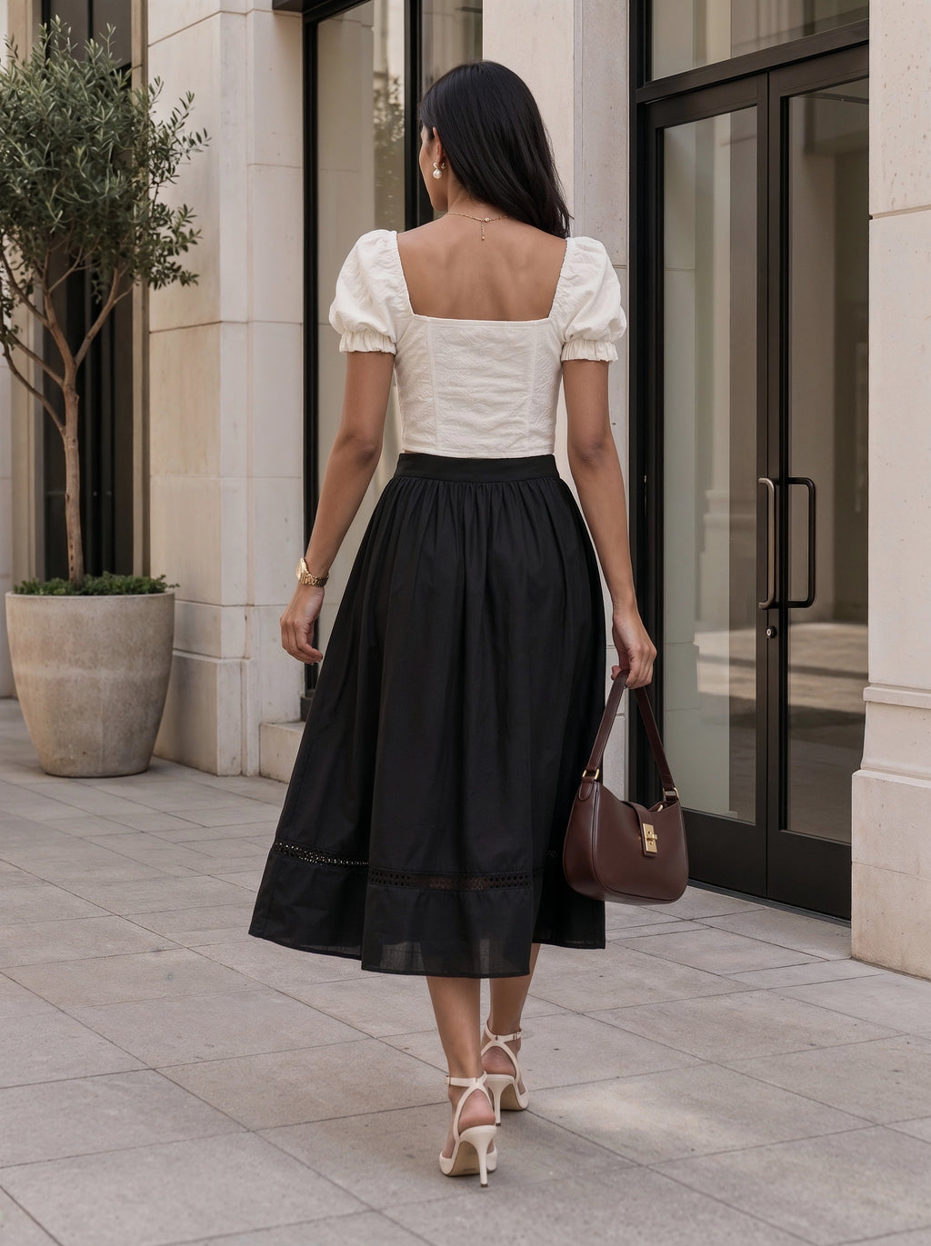 Black Gathered A-Line Midi Skirt