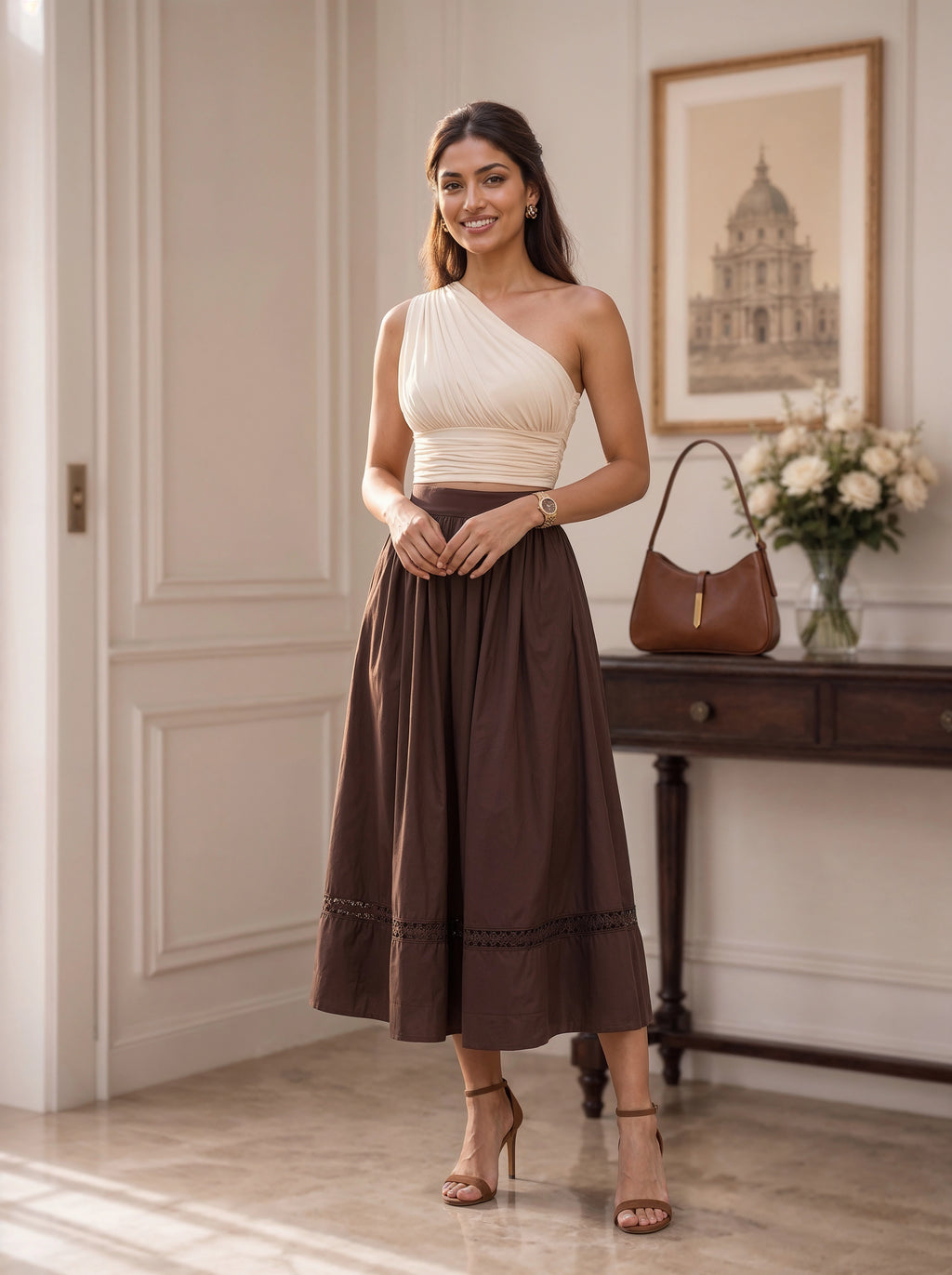 Brown Gathered A-Line Midi Skirt