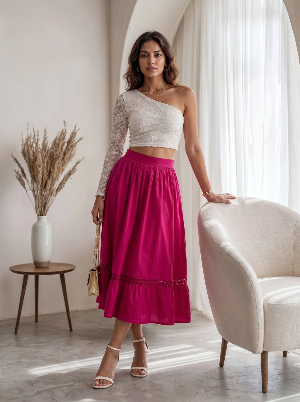 Pink Gathered A-Line Midi Skirt