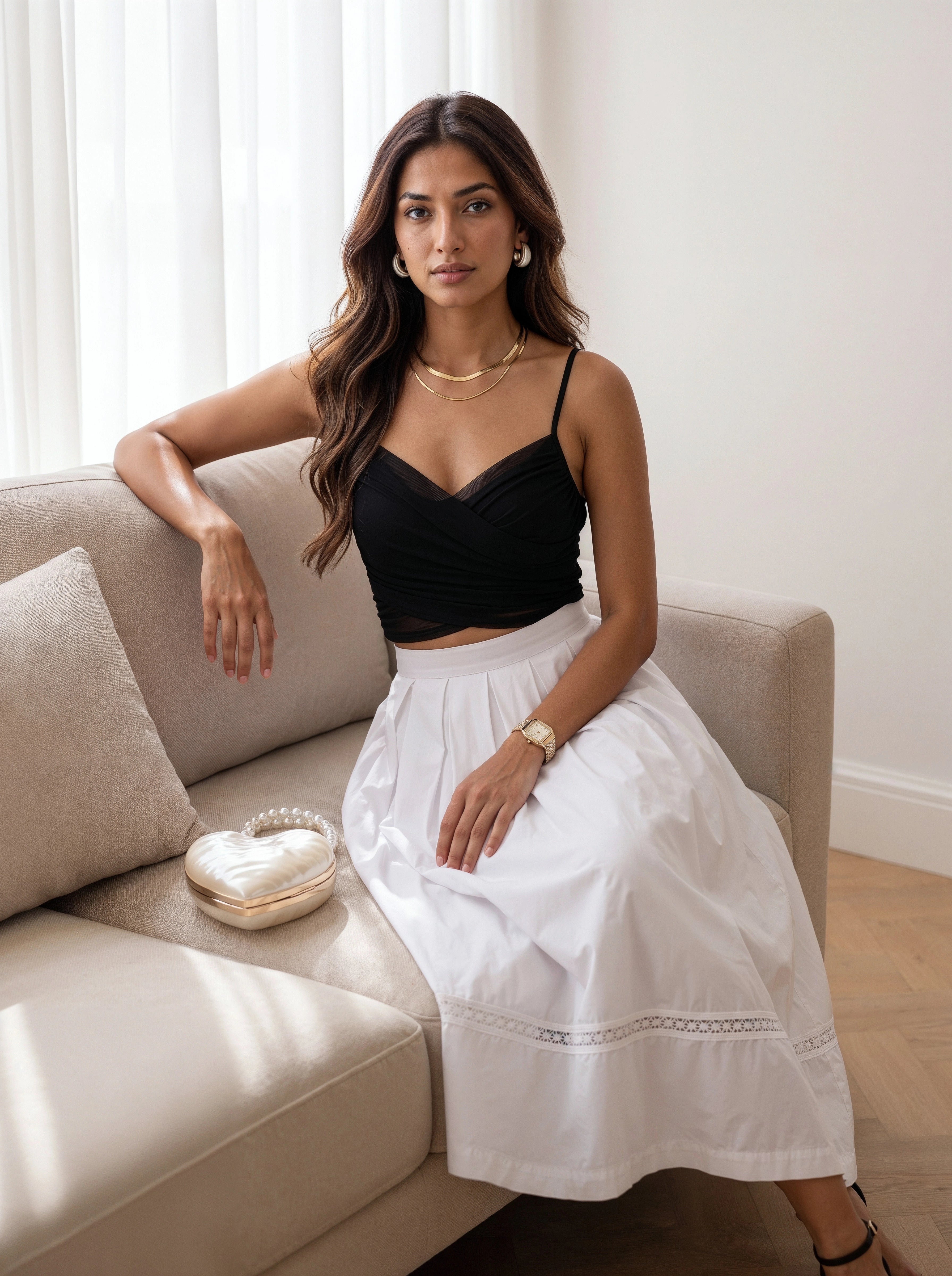 White Gathered A-Line Midi Skirt
