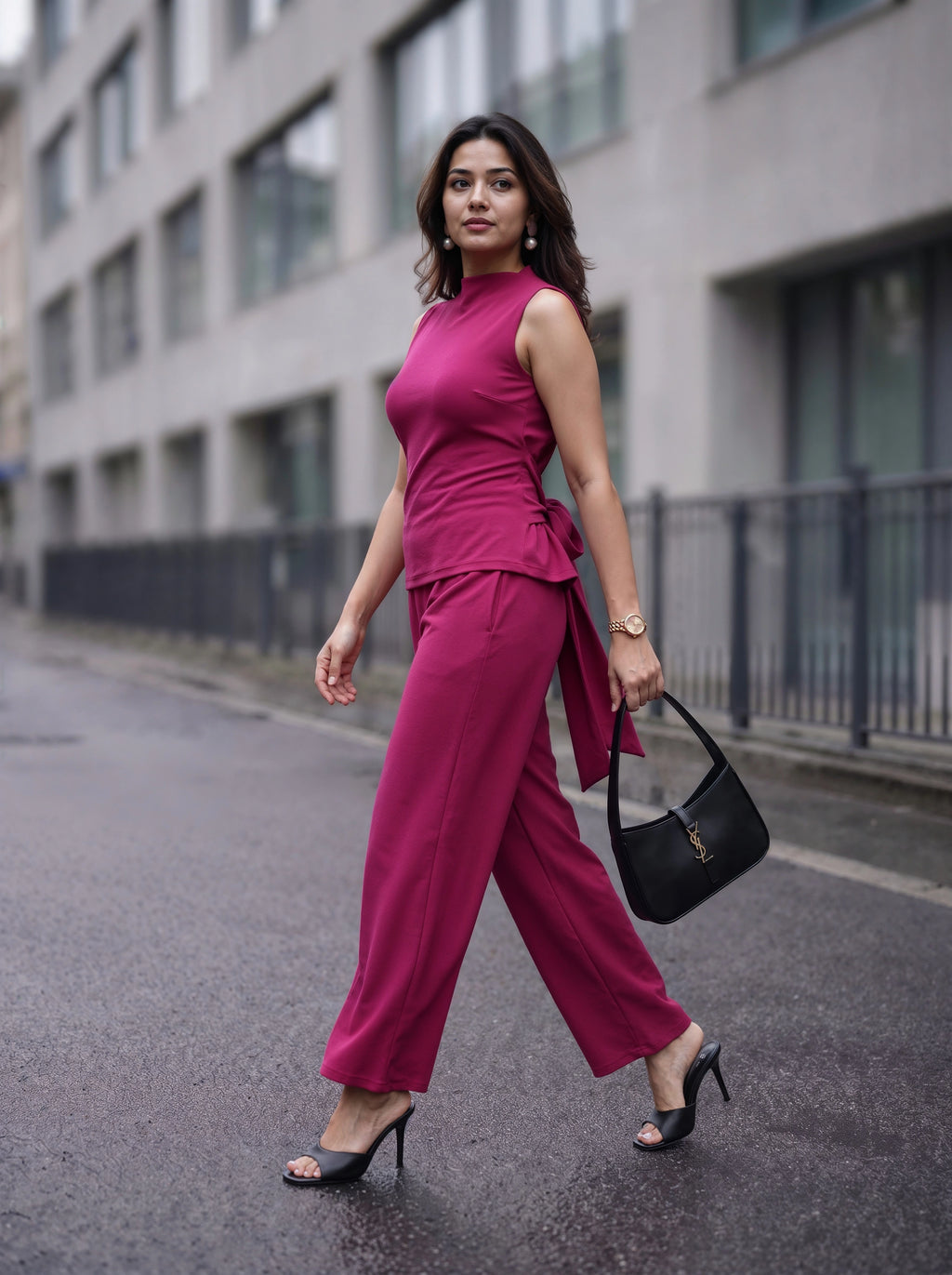 Wine Sleeveless Bow Back Co-Ord Set