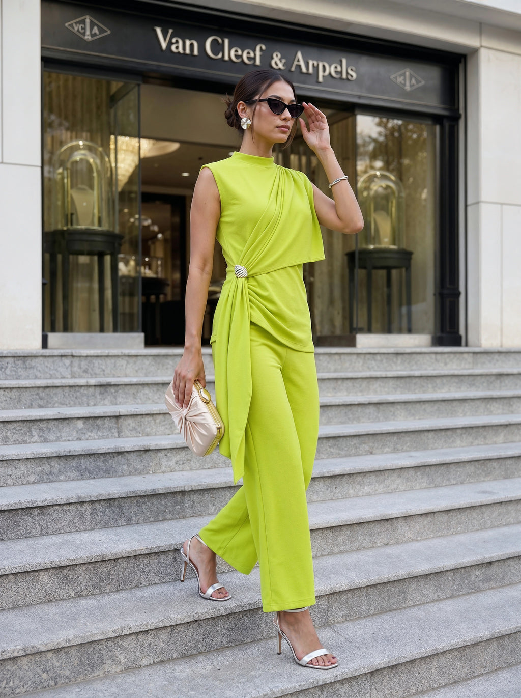 Lime Green Draped Sleeveless Co-Ord Set