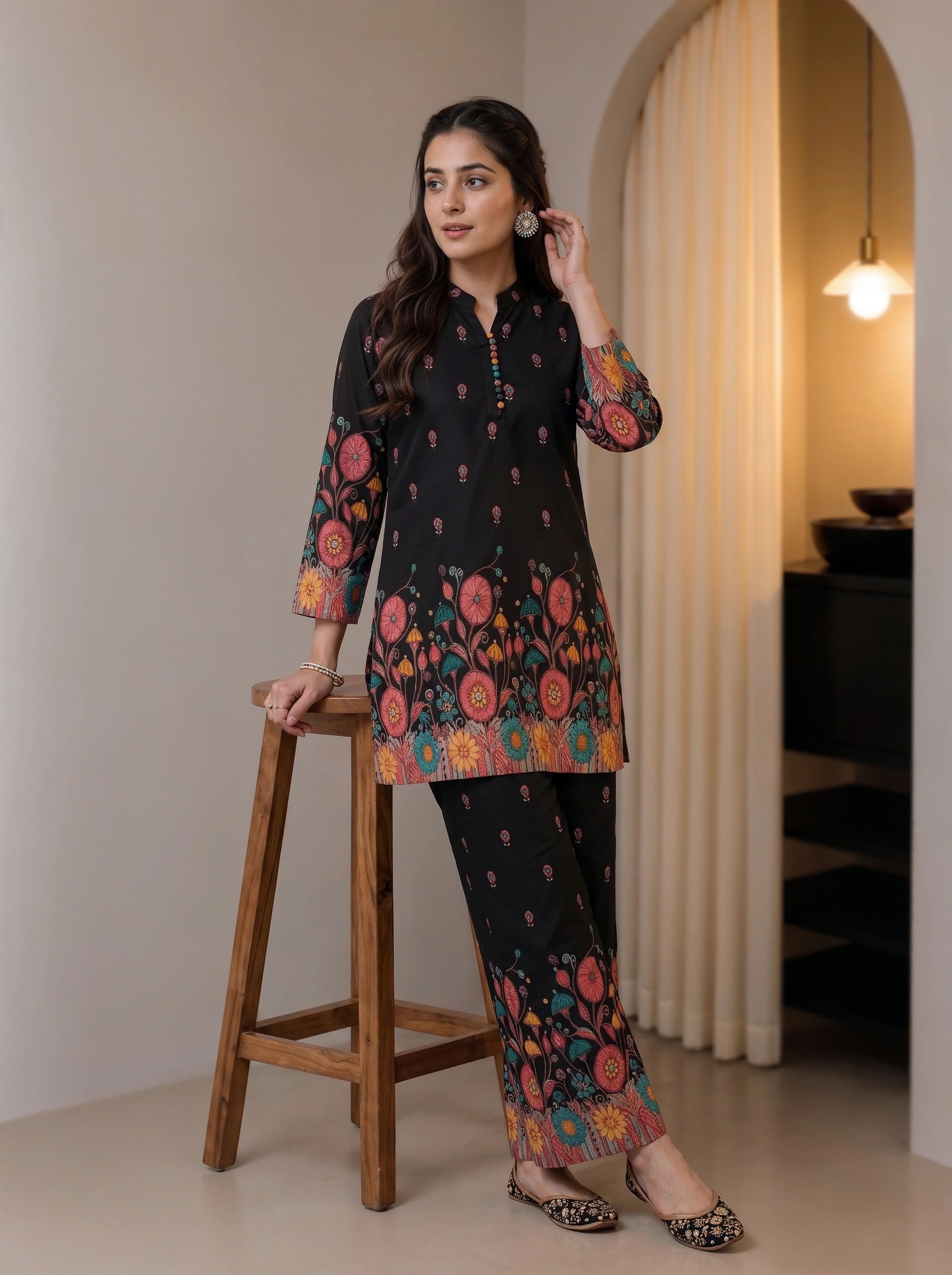 Black Floral Printed Kurta Co-Ord Set