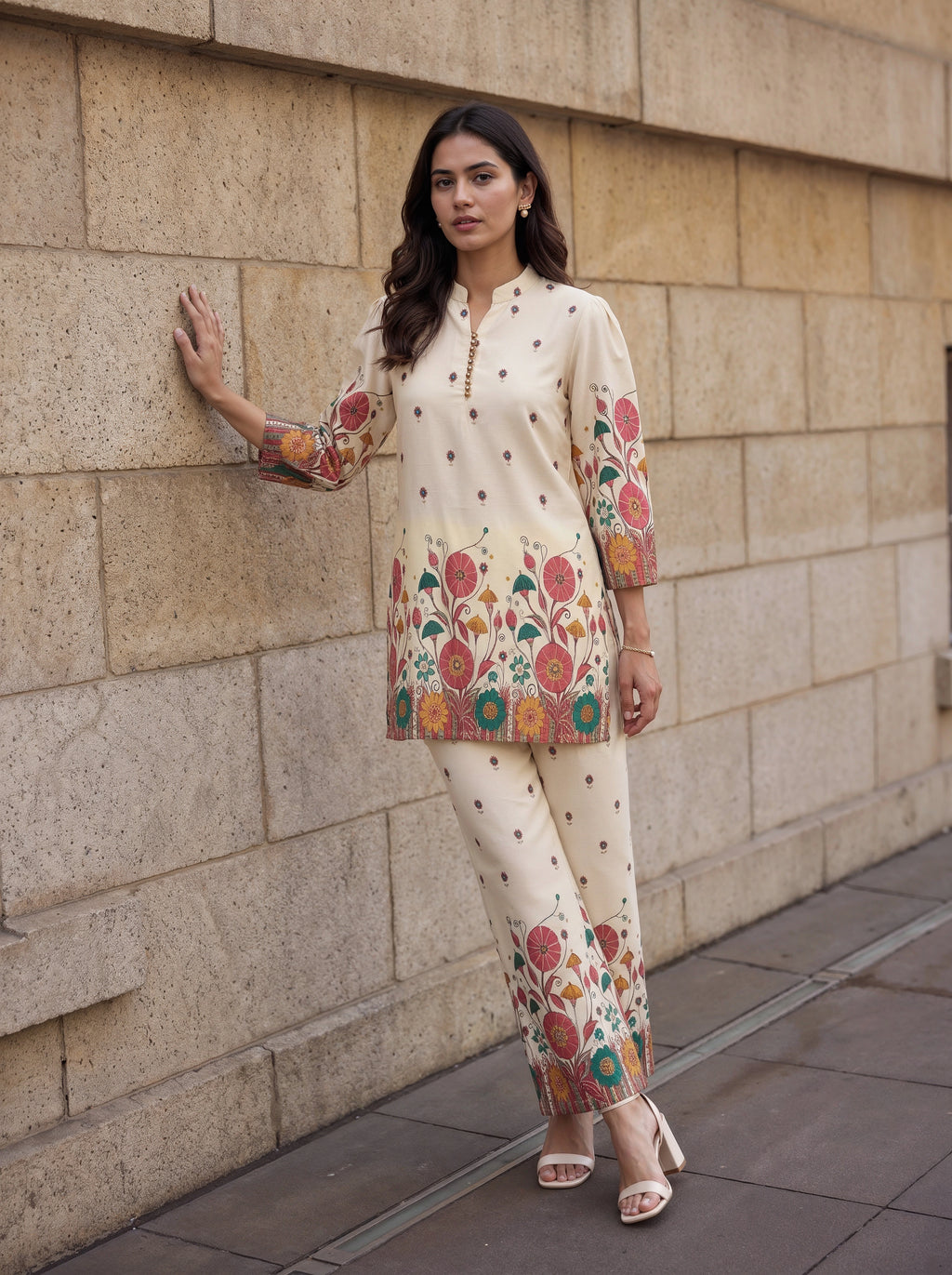 Ivory Floral Printed Kurta Co-Ord Set