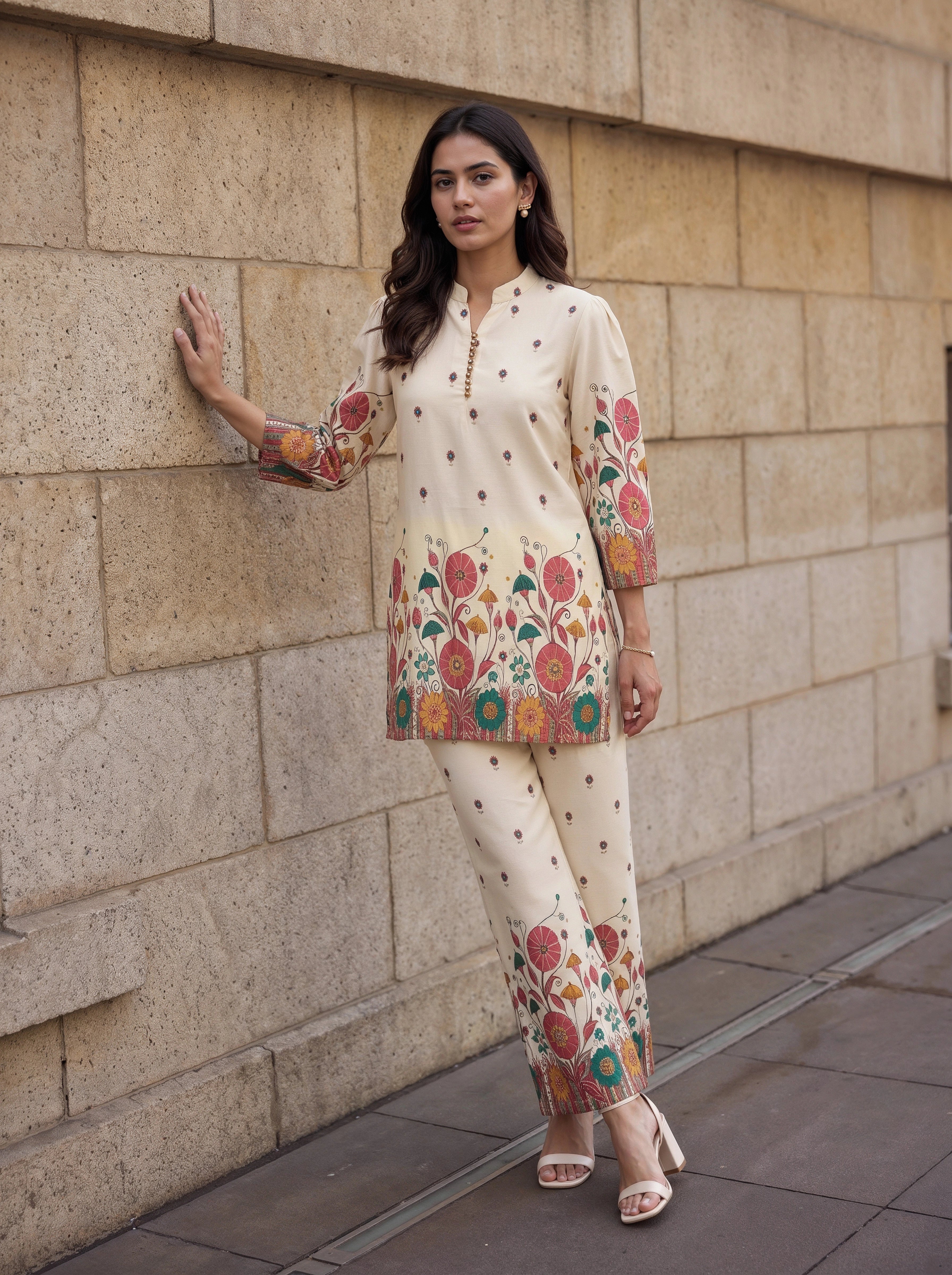 Ivory Floral Printed Kurta Co-Ord Set