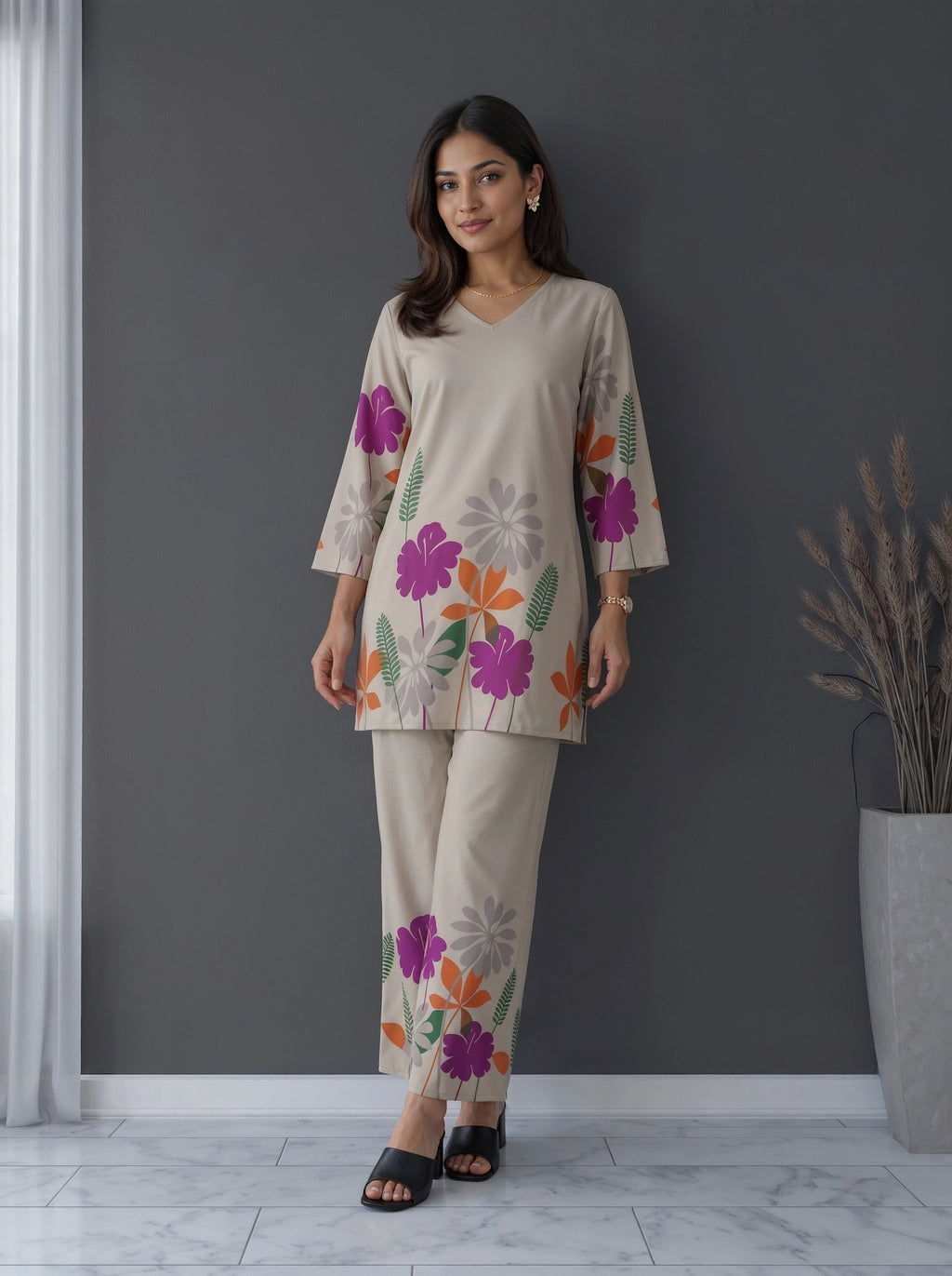 Beige Floral Printed Co-Ord Set
