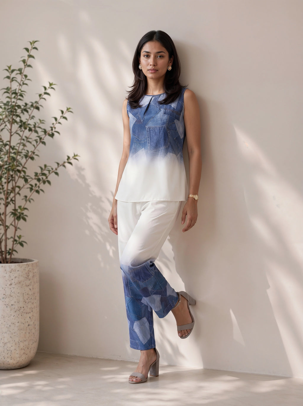 Blue Patchwork Print Sleeveless Co-Ord Set