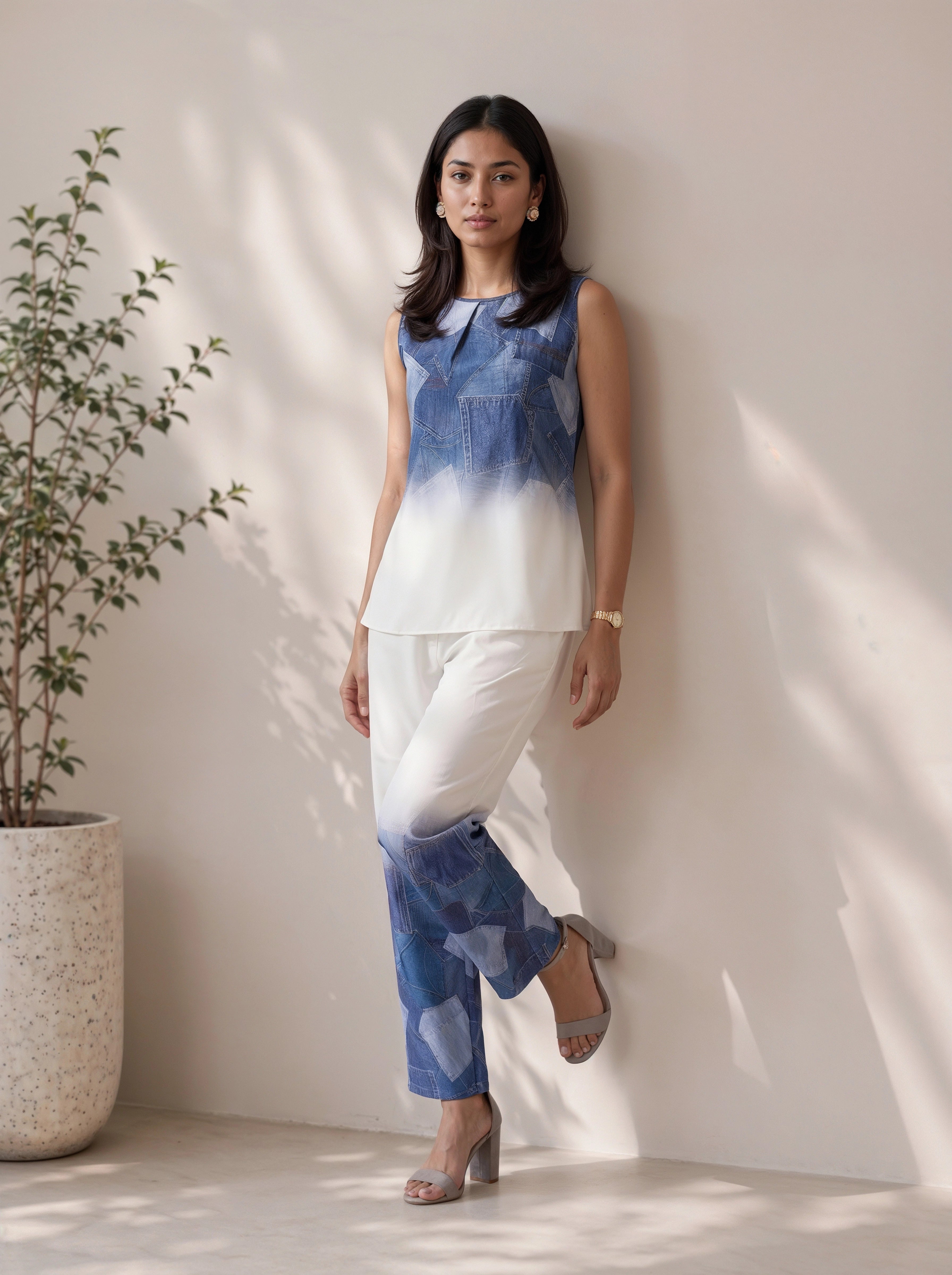 Blue Patchwork Print Sleeveless Co-Ord Set