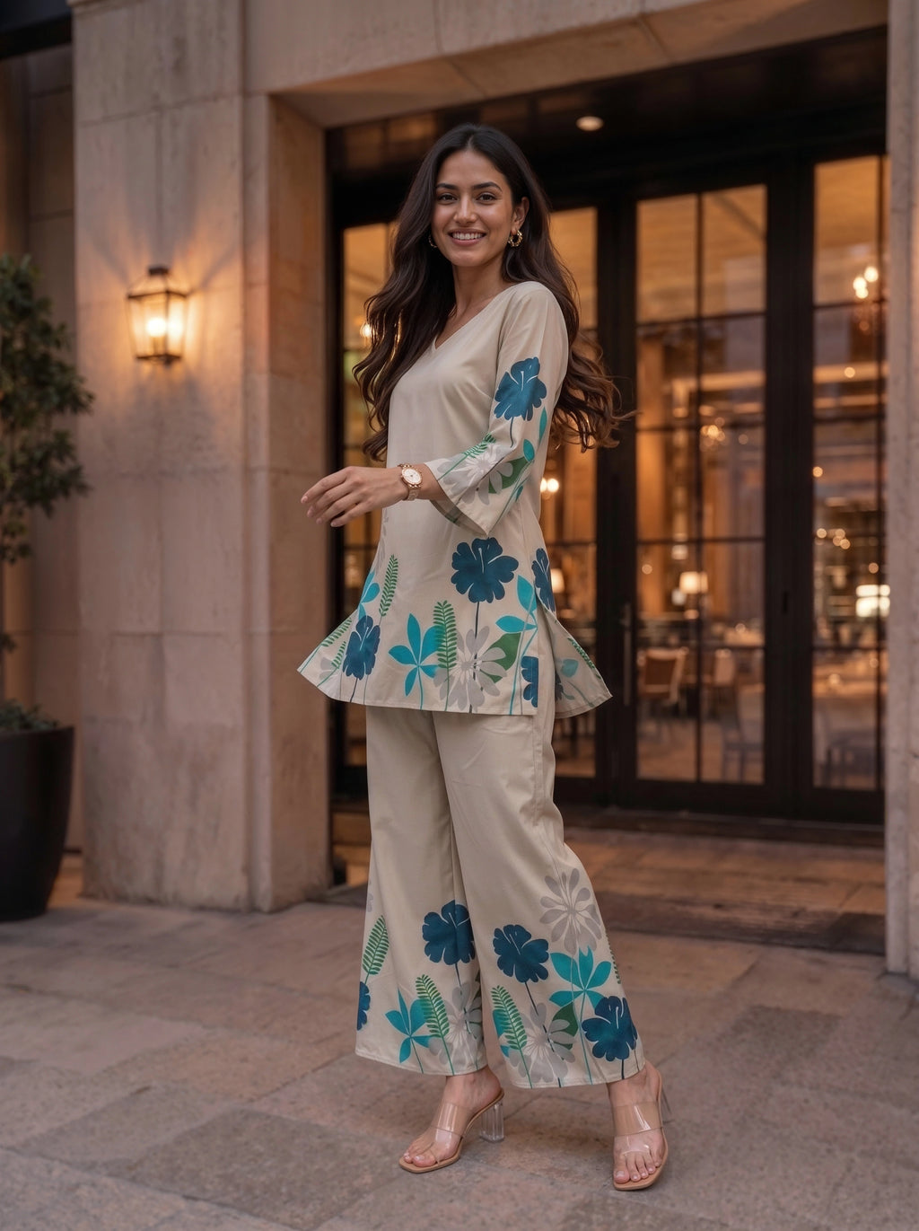 Beige Blue Floral Printed Co-Ord Set