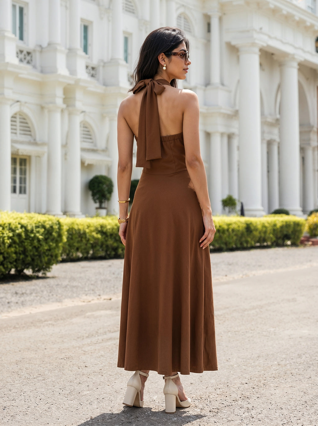Mocha Brown Halter Neck Flared Midi Dress