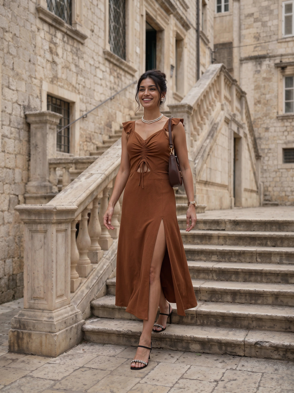 Mocha Ruched Cut-Out Slit Midi Dress