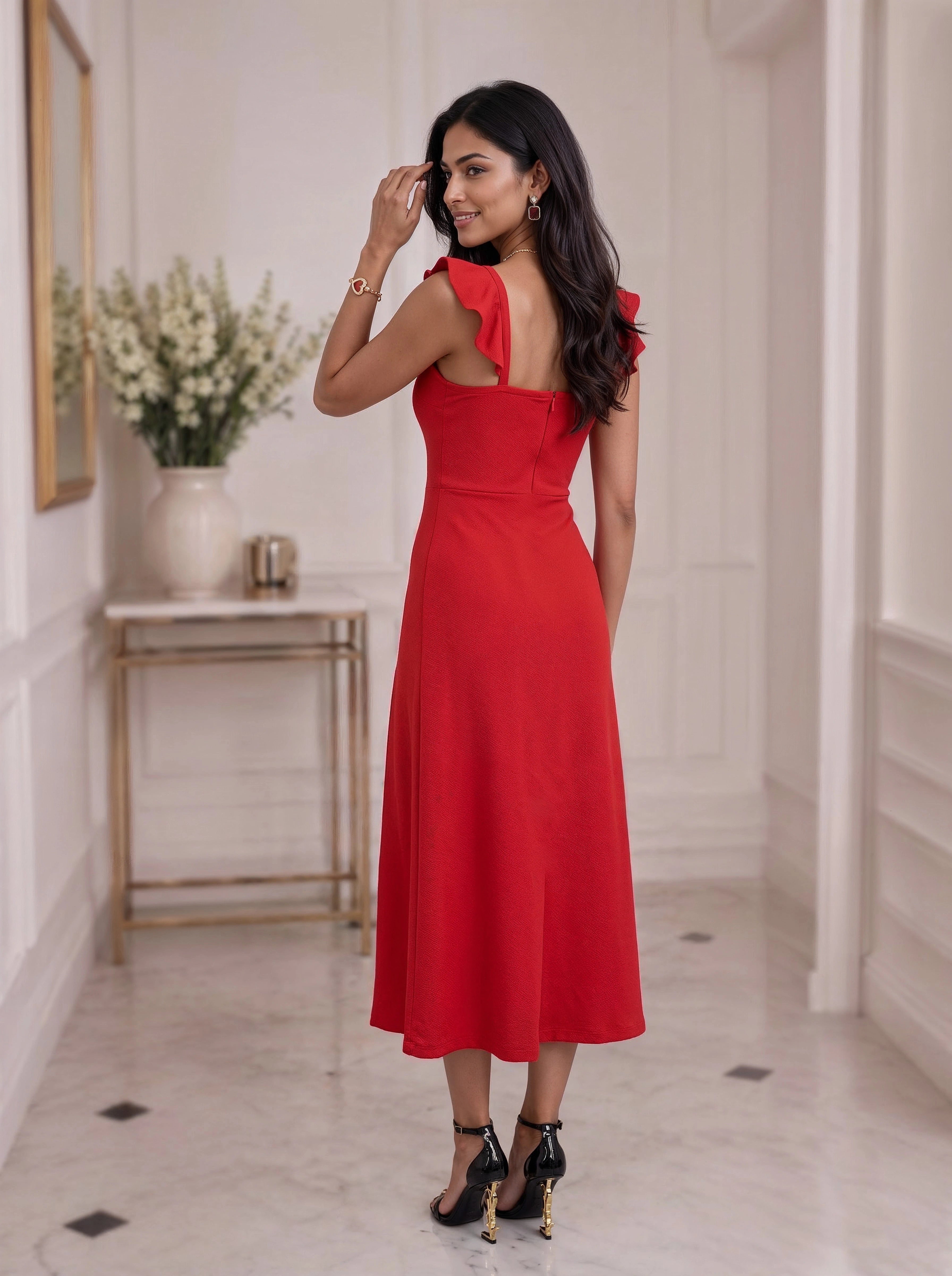 Scarlet Ruched Cut-Out Slit Midi Dress