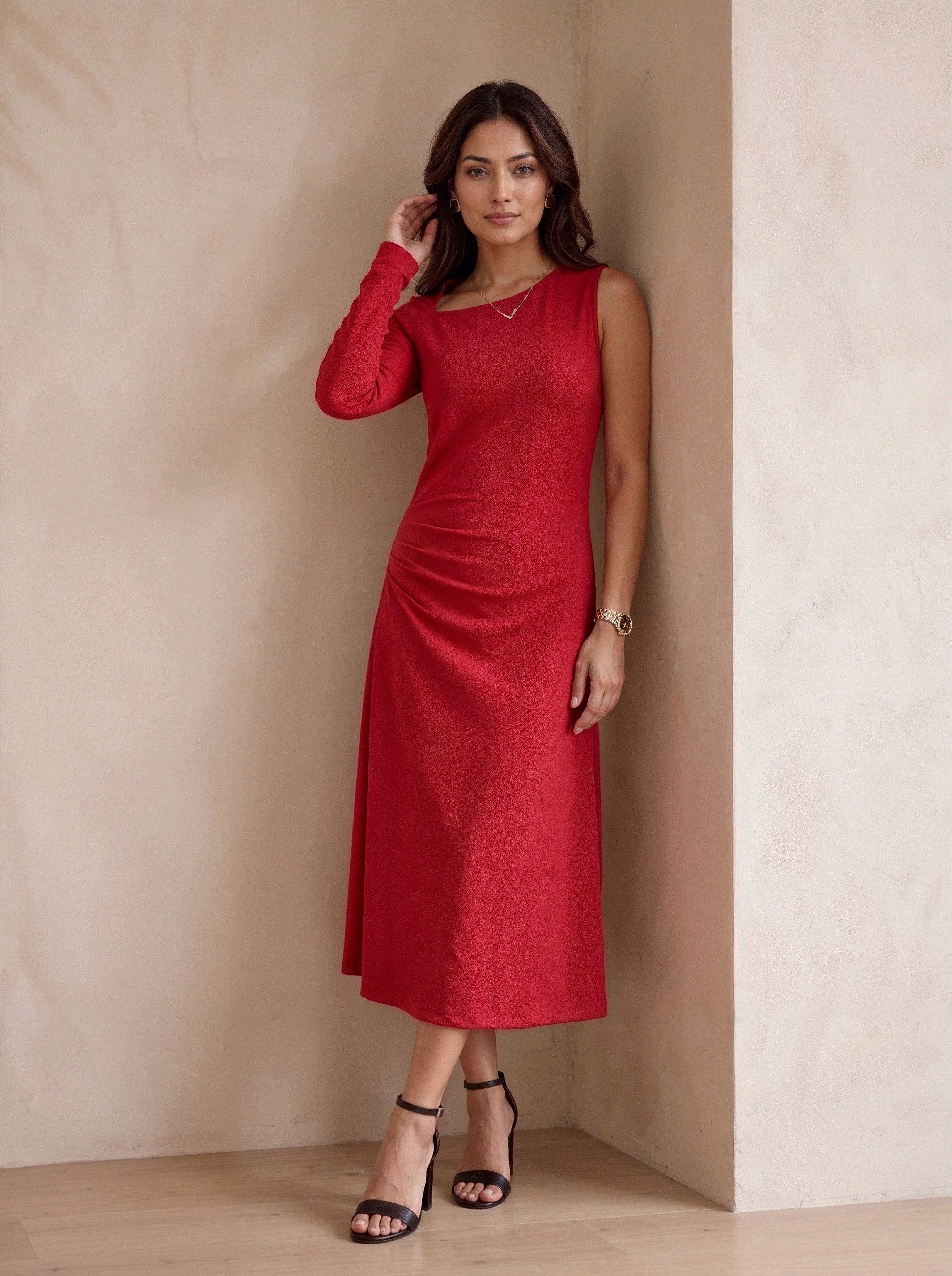 Ruby Red One-Shoulder Ruched Midi Dress