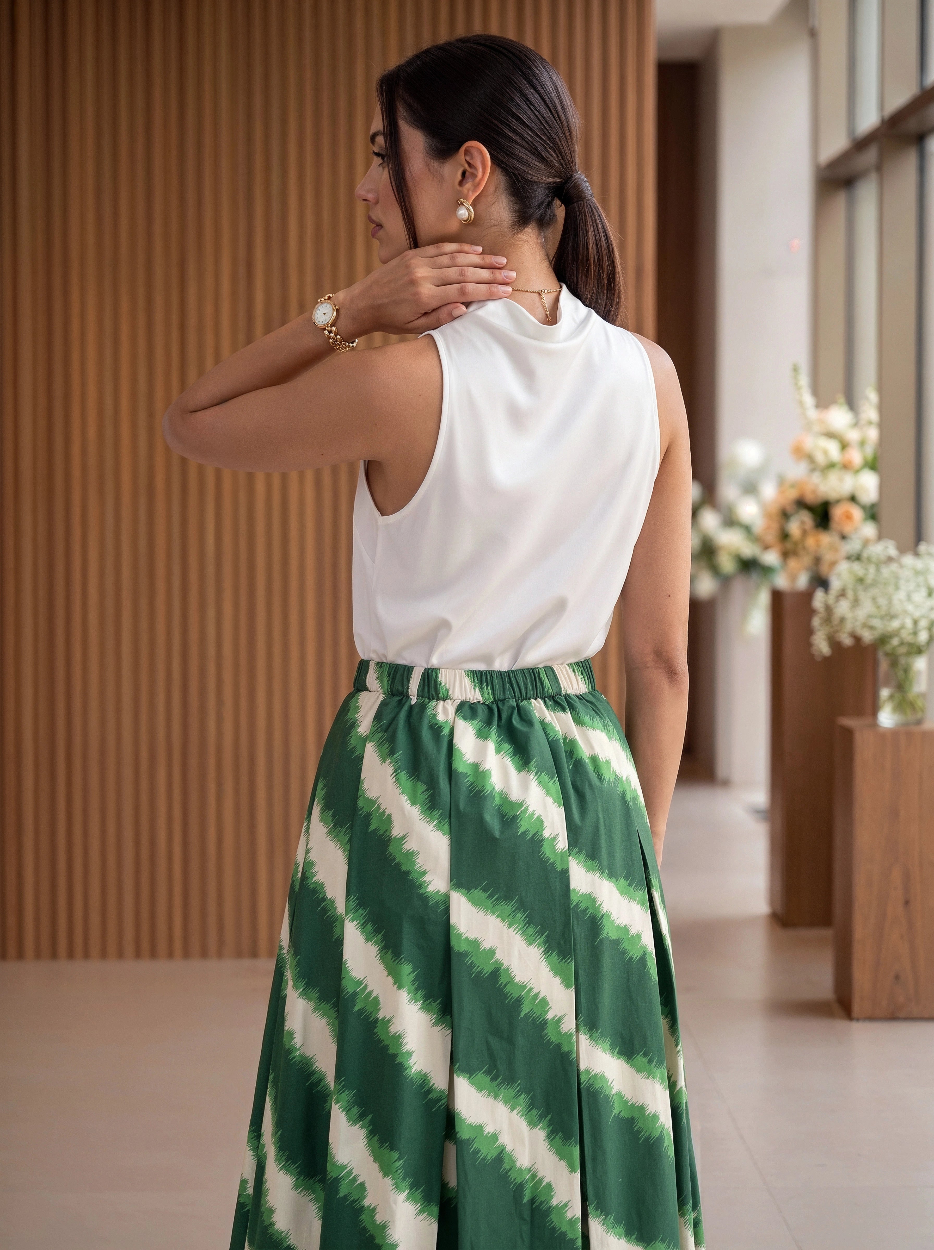 Green Printed Pleated A-Line Midi Skirt