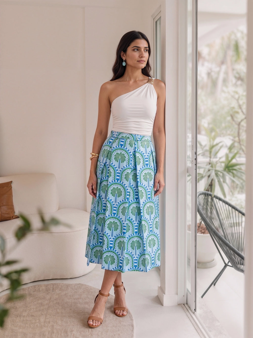 Blue Tropical Printed Pleated Midi Skirt