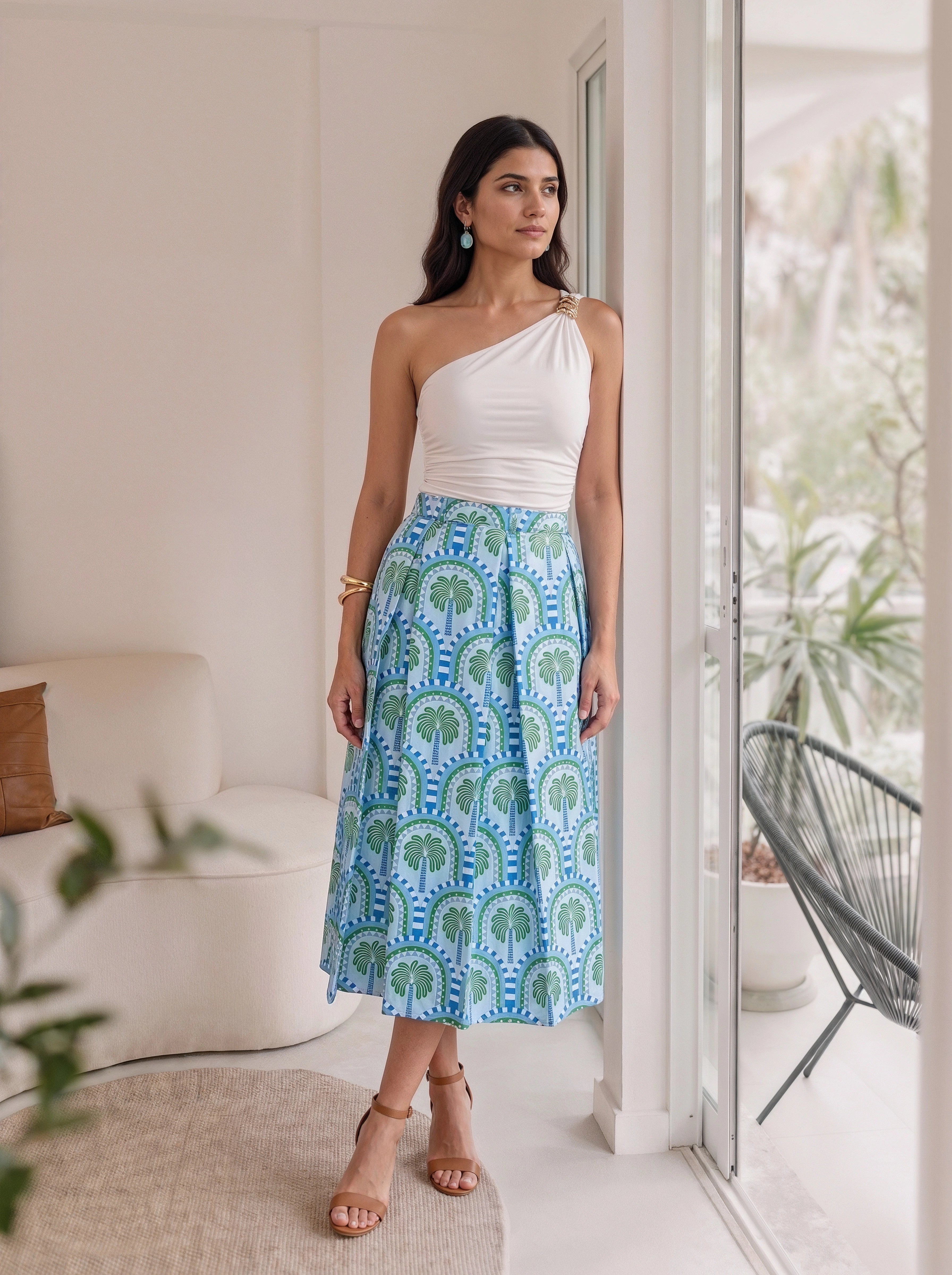 Blue Tropical Printed Pleated Midi Skirt