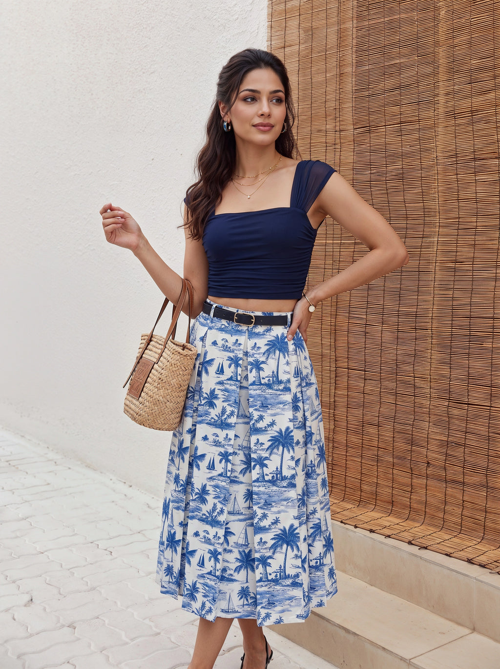 Blue Tropical Scenic Printed Pleated Midi Skirt