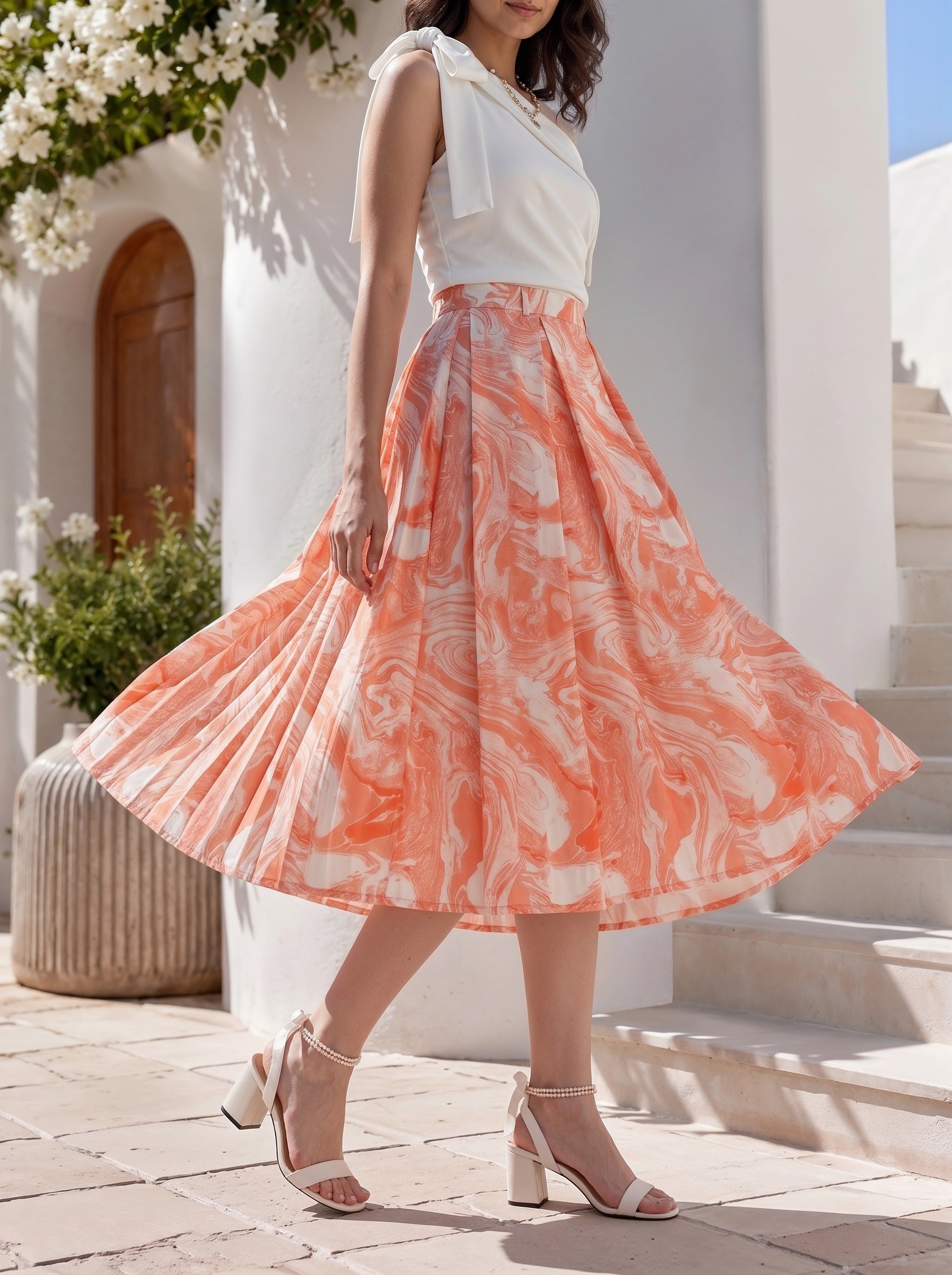 Coral Marble Printed Pleated Midi Skirt