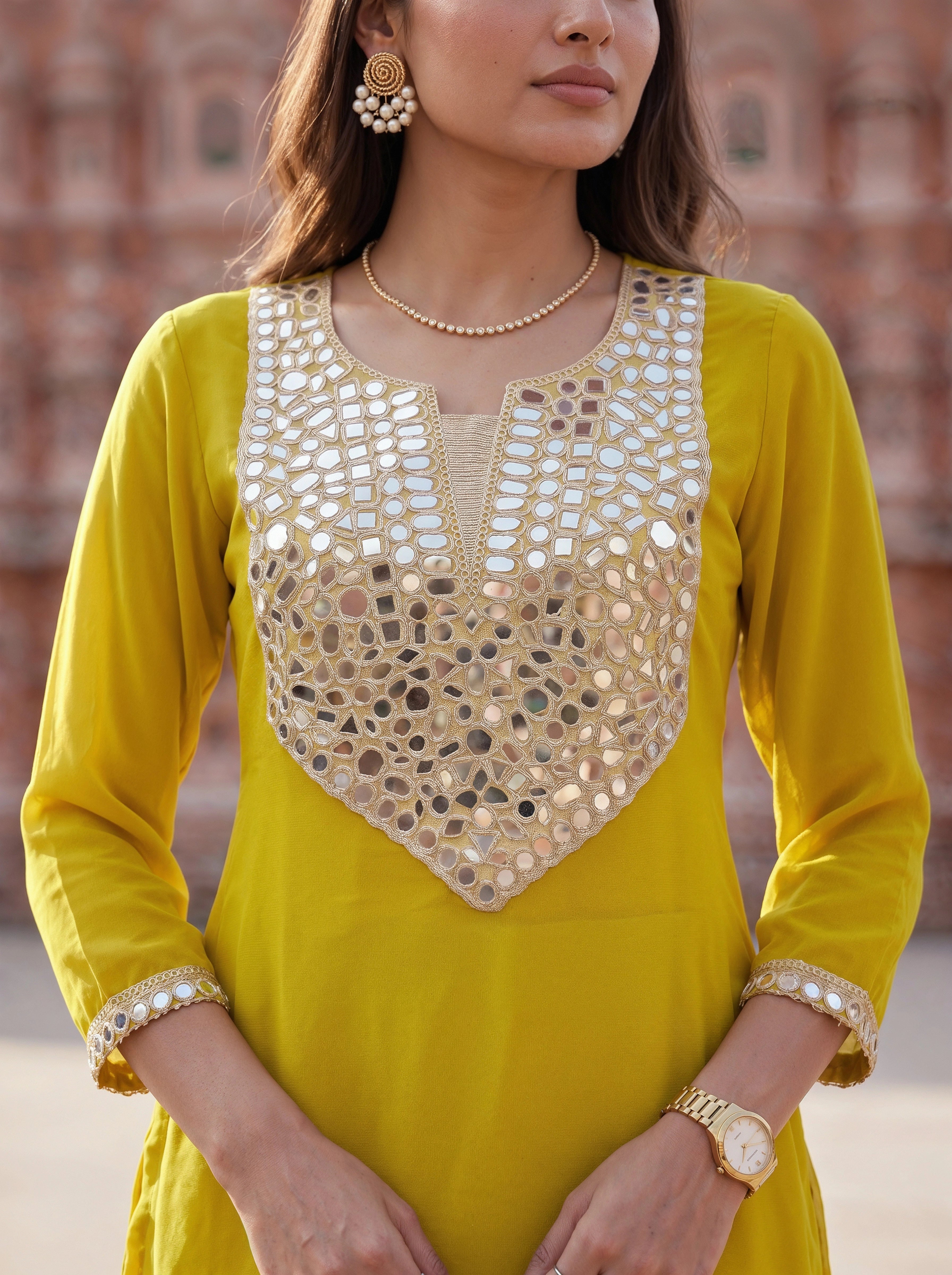 Mustard Mirror Work Embellished Ethnic Top